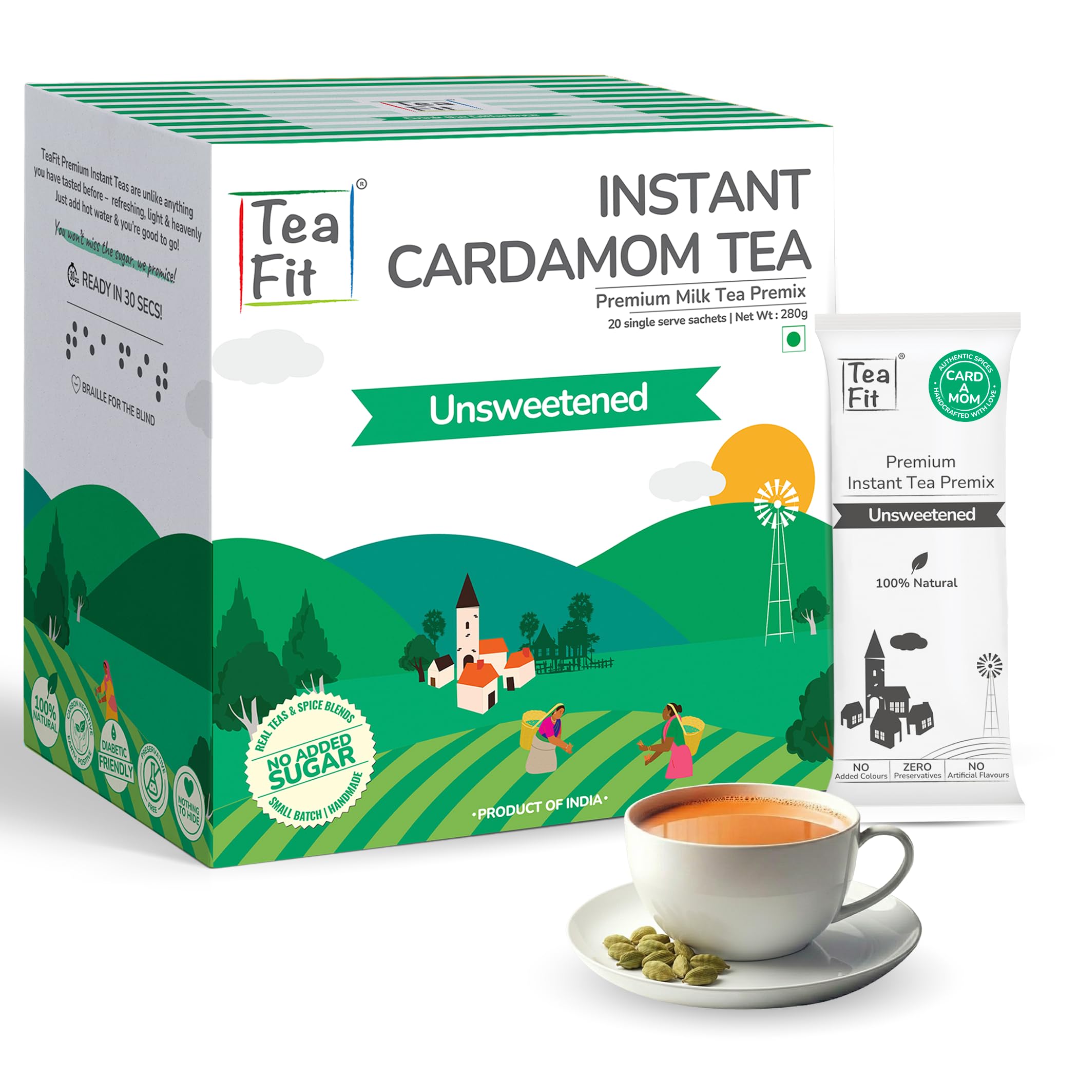 TeaFit Premium Unsweetened Cardamom Instant Tea Premix - 20 Single Serve Sachets | Ready to Drink Instant Milk Tea Premix | Home Like Elaichi Chai | No Added Artificial Sugar