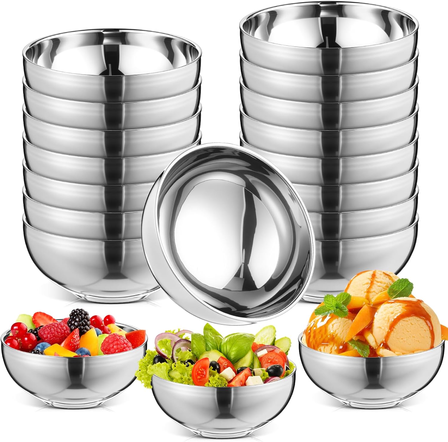 Maxdot 20 Pack 304 Stainless Steel Bowls for Kids 13oz Double Walled Insulated Silver Metal Bowls for Soup, Cereal, Rice, Snack, Salad, Healthy and Dishwasher Safe