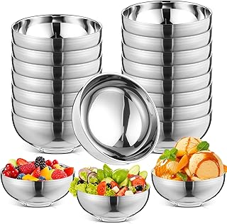 Maxdot 20 Pack 304 Stainless Steel Bowls for Kids 13oz Double Walled Insulated Silver Metal Bowls for Soup, Cereal, Rice, Snack, Salad, Healthy and Dishwasher Safe