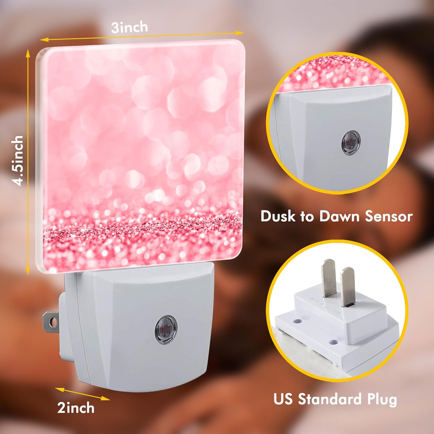 Pink Glitter Night Light,Plug into Wall with Dusk to Dawn Light Sensors,LED Nightlights for Bedroom,Bathroom,Kitchen,Hallway,Room Decor for Boys Girls Women Men