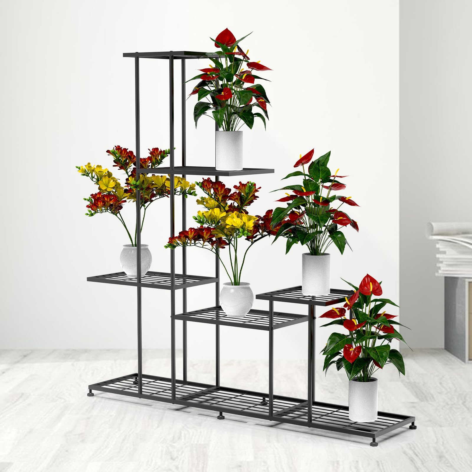 CPROSP Soporte para Plantas de Interior y Exterior de Metal Negro | Estantería para Plantas con 4 Niveles; Soporte para Macetas de Flores para Terraza, Jardín; Sala de Estar; Balcón Dormitorio