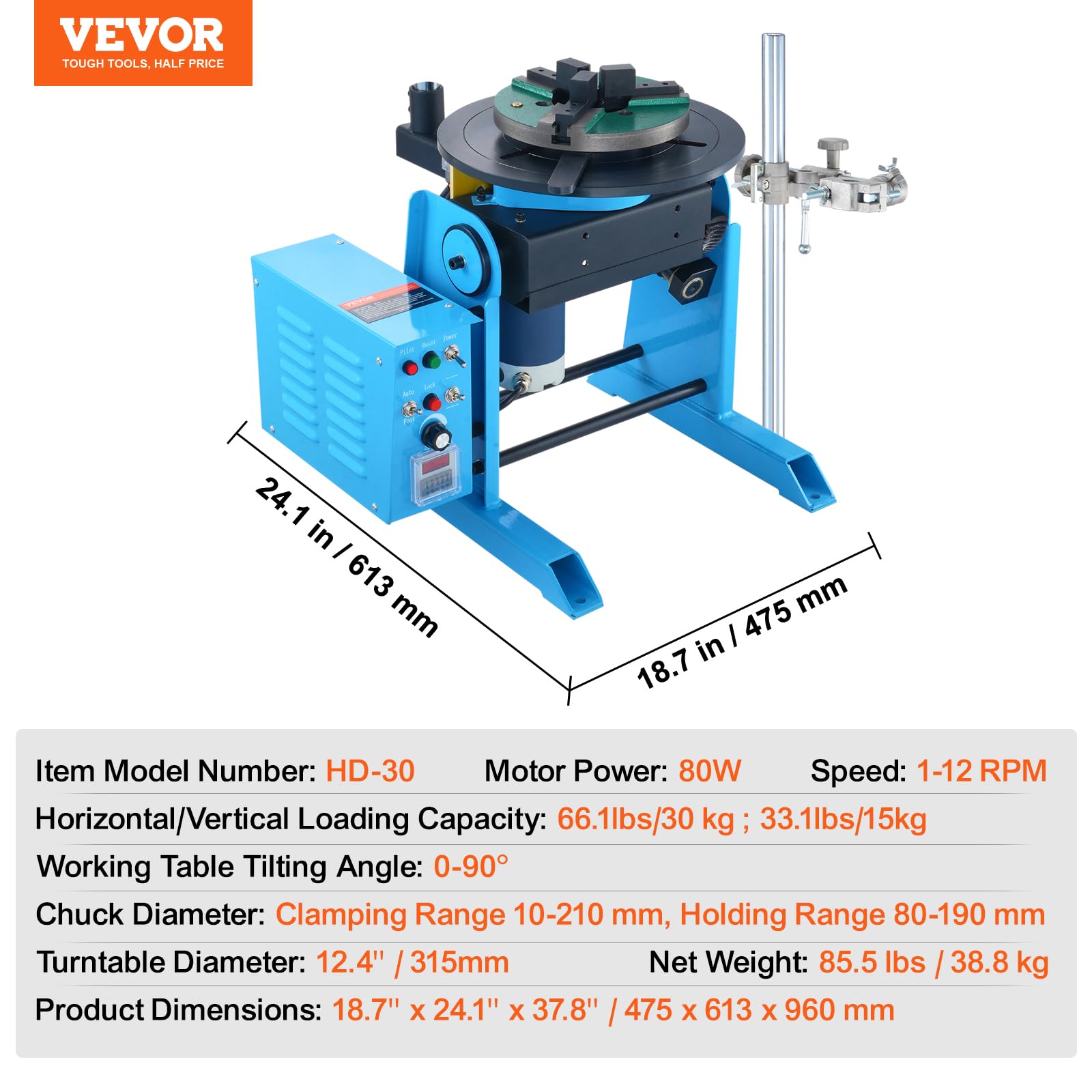 VEVOR Posicionador giratorio de soldadura de 66 libras/30 kg, mesa giratoria de posicionamiento de soldadura de 0-90° 1-12RPM 80W, con portabrocas de torno de 3 mandíbulas de 12.4 pulgadas y soporte