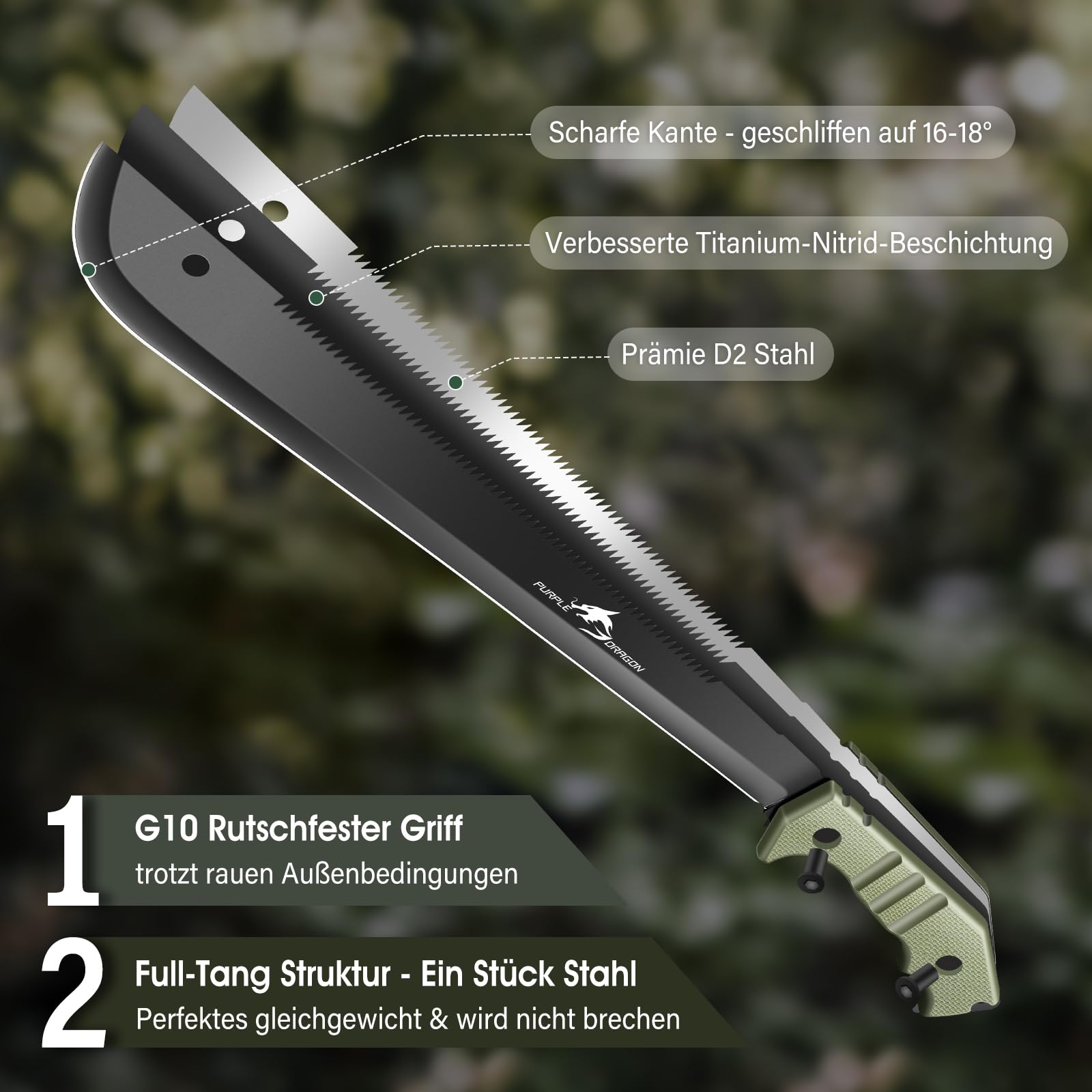 Purple Dragon Machete mit Säge und Scheide für Garten - Großes Messer Outdoor für Wald - Full Tang Messer aus einem Stück D2 Stahl gefertigt - Geschenke für Männer