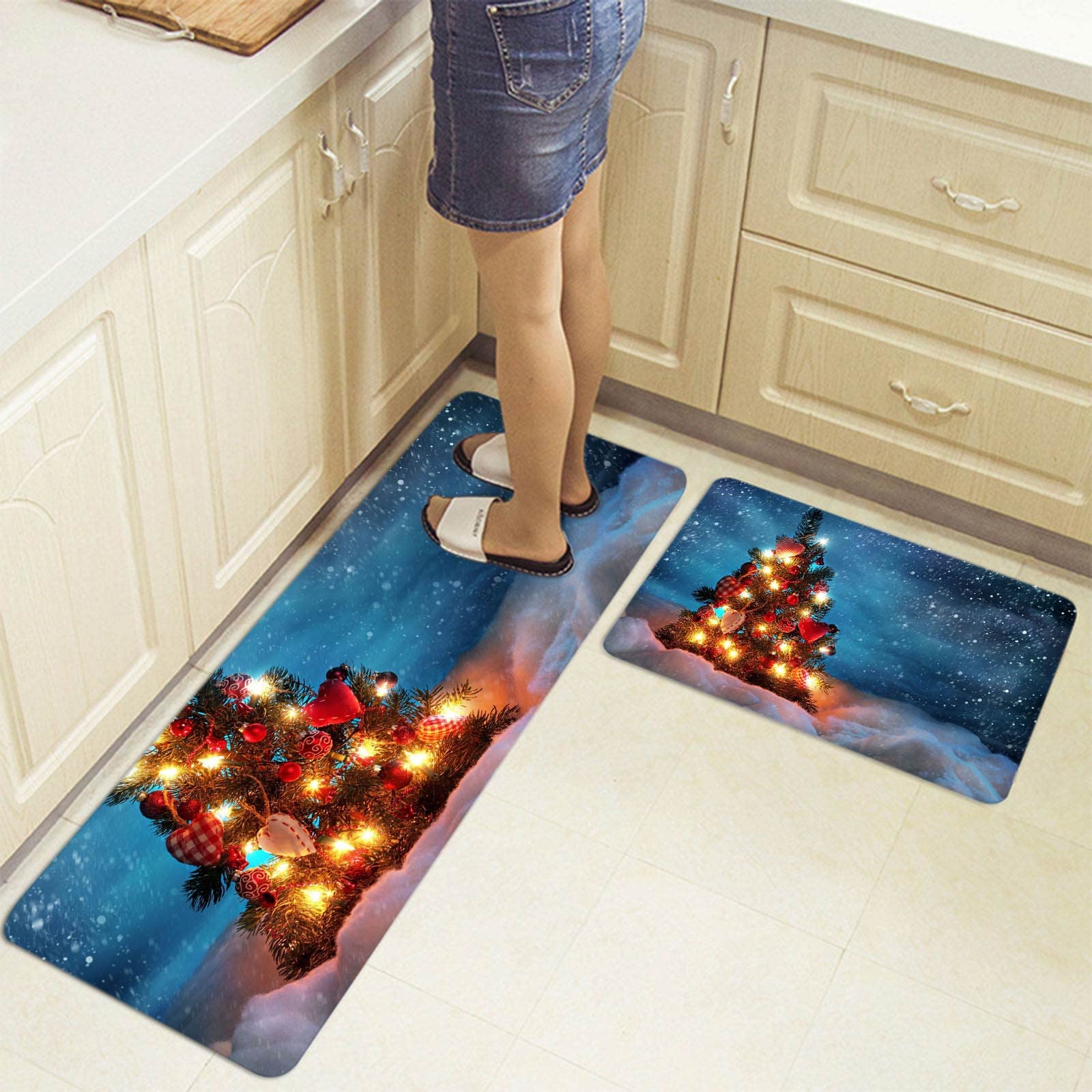 Tapis de sol de cuisine rembourré anti-fatigue, tapis de cuisine rouge 60 x 90 cm + 60 x 180 cm, petit tapis de sapin de Noël, décoration d'intérieur