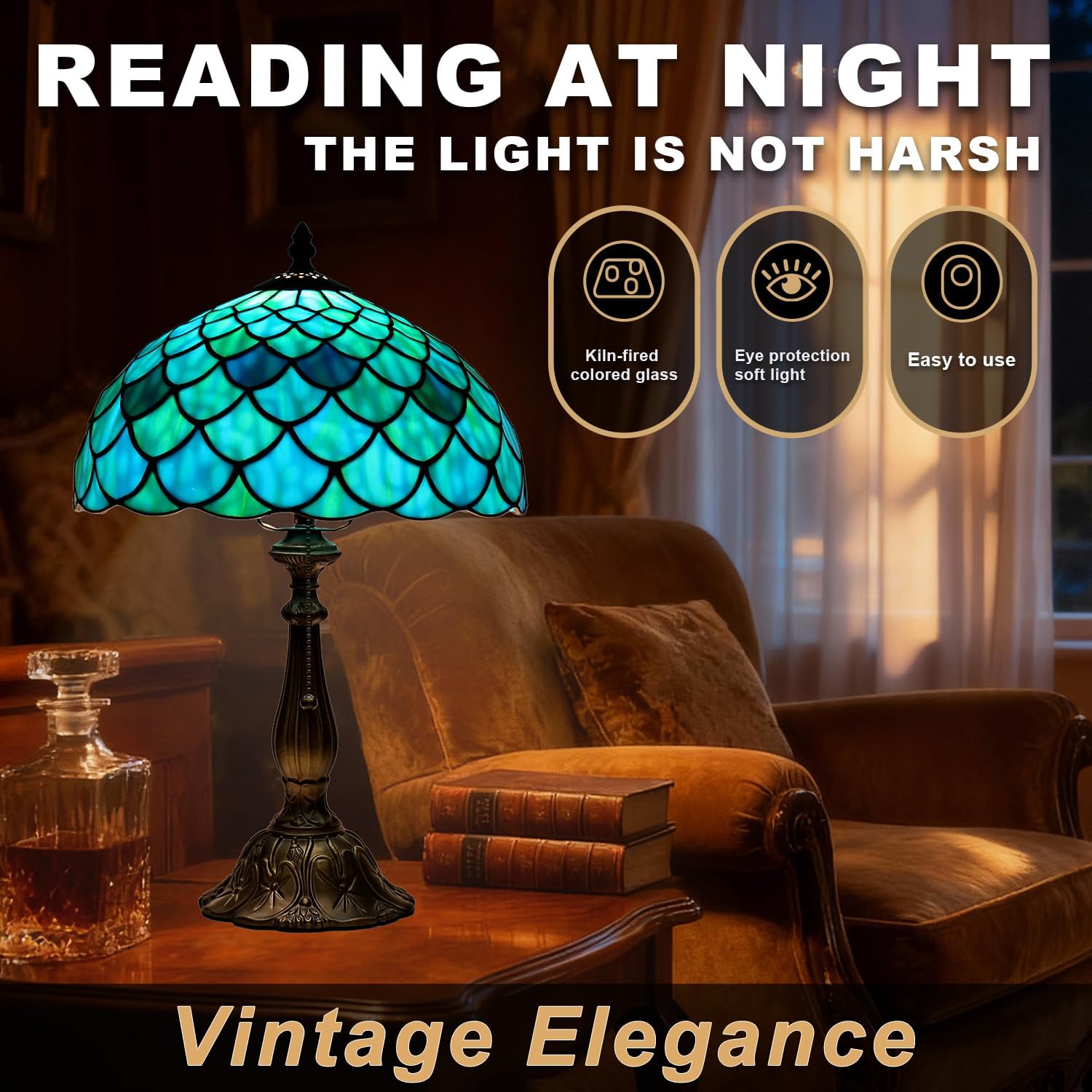 Tiffany Lamp,W12H19 Inch Stained Glass Table Lamp,Antique Desk Light,Art Decor Table Lamp(Sea Blue Style)
