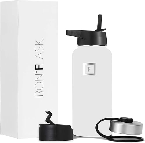 Iron Flask  Botella de agua deportiva de 14 onzas, 18 onzas, 22 onzas, 32 onzas, 40 onzas y 64 onzas, con 3 tapas (tapa con popote), acero