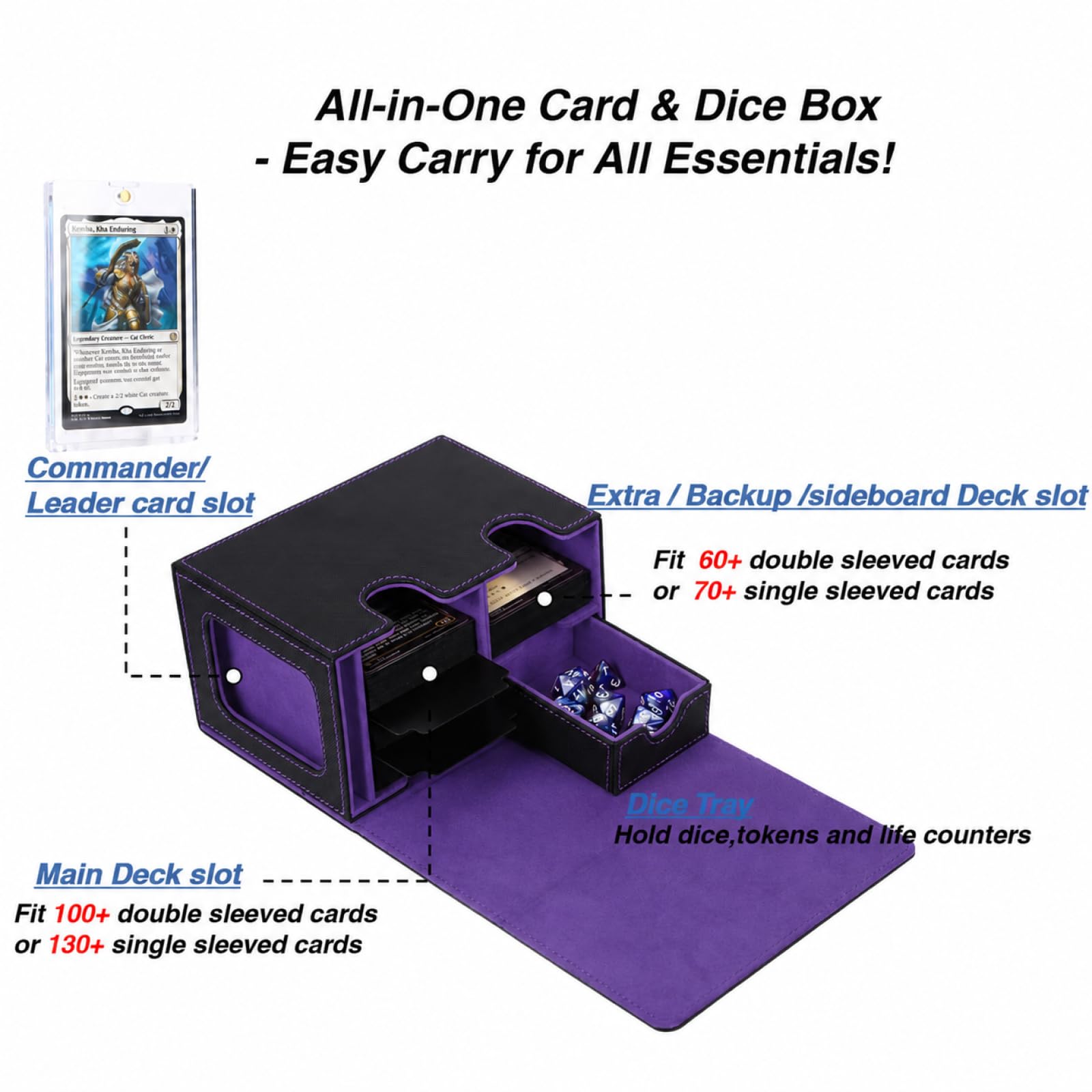 Venssu MTG - Caja para cartas Commander o Prime con bandeja de dados, caja de cartas para 200 tarjetas de una sola manga, caja de almacenamiento de tarjetas TCG con 2 separadores y 1 tarjetero