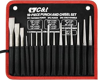 C&T 16-Piece Punch and Chisel Set With Storage Pouch, Including Taper, Cold Chisels, Pin, Center, Chrome Vanadium Steel