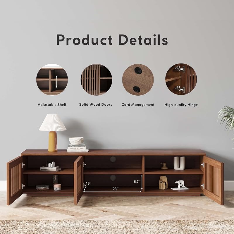 POVISON Full Assembled Mid Century Modern TV Stand, Wood Slatted Media Console for 65 inch TV, Entertainment Center with Storage for Living Room, Low Cabinet with Removable Shelves image 4