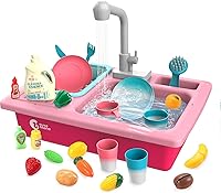 CUTE STONE Color Changing Play Kitchen Sink Toy with Electric Faucet, Running Water, Play Dishes & Cutting Food - Pretend Role Play for Kids