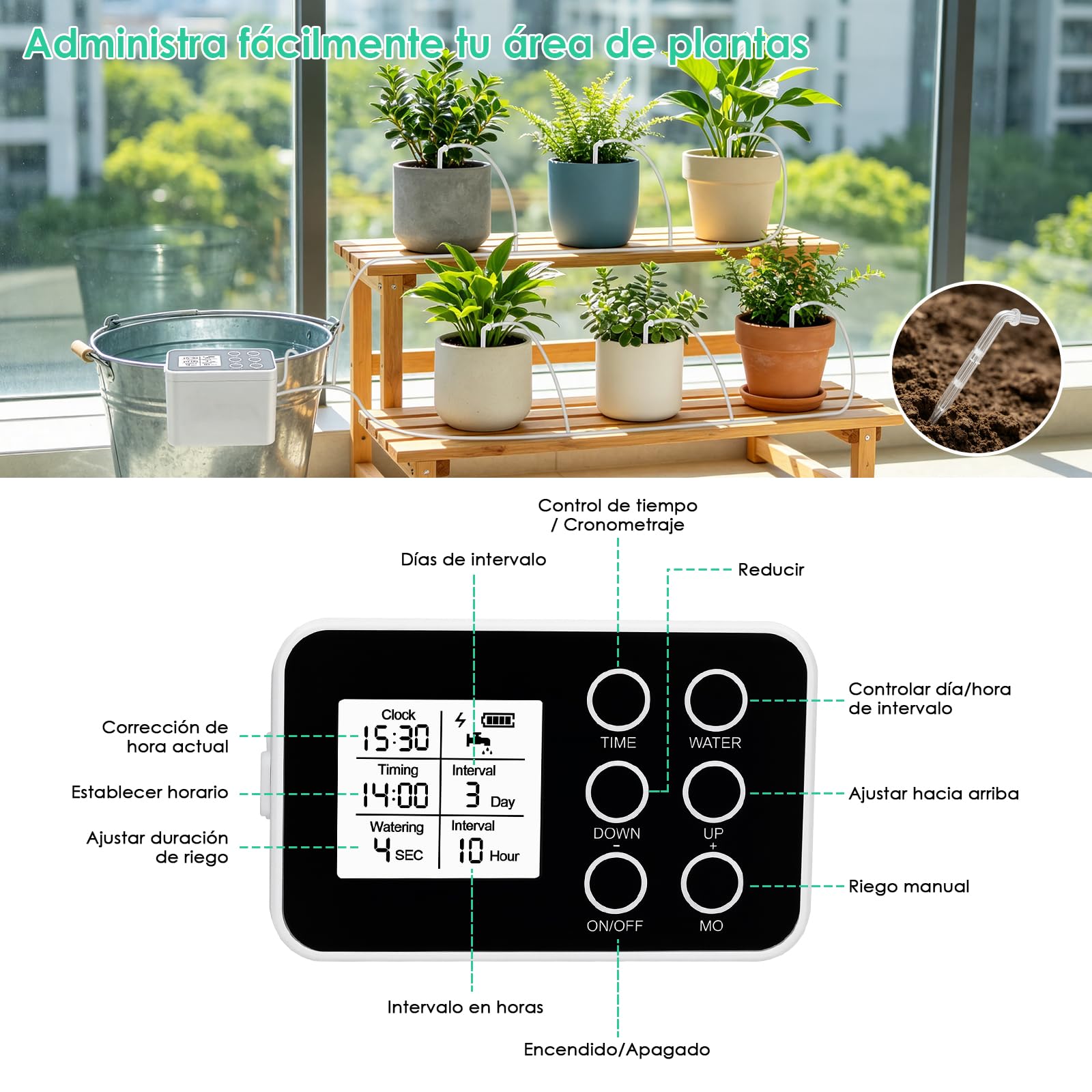 ZWOOS Riego Automático, Sistema De Riego Automático con Temporizador, 20 Goteros & Manguera 15M, Batería 2000mAh, USB-C, Kit De Riego Por Goteo para Huerto Elevado, Invernadero & Plantas