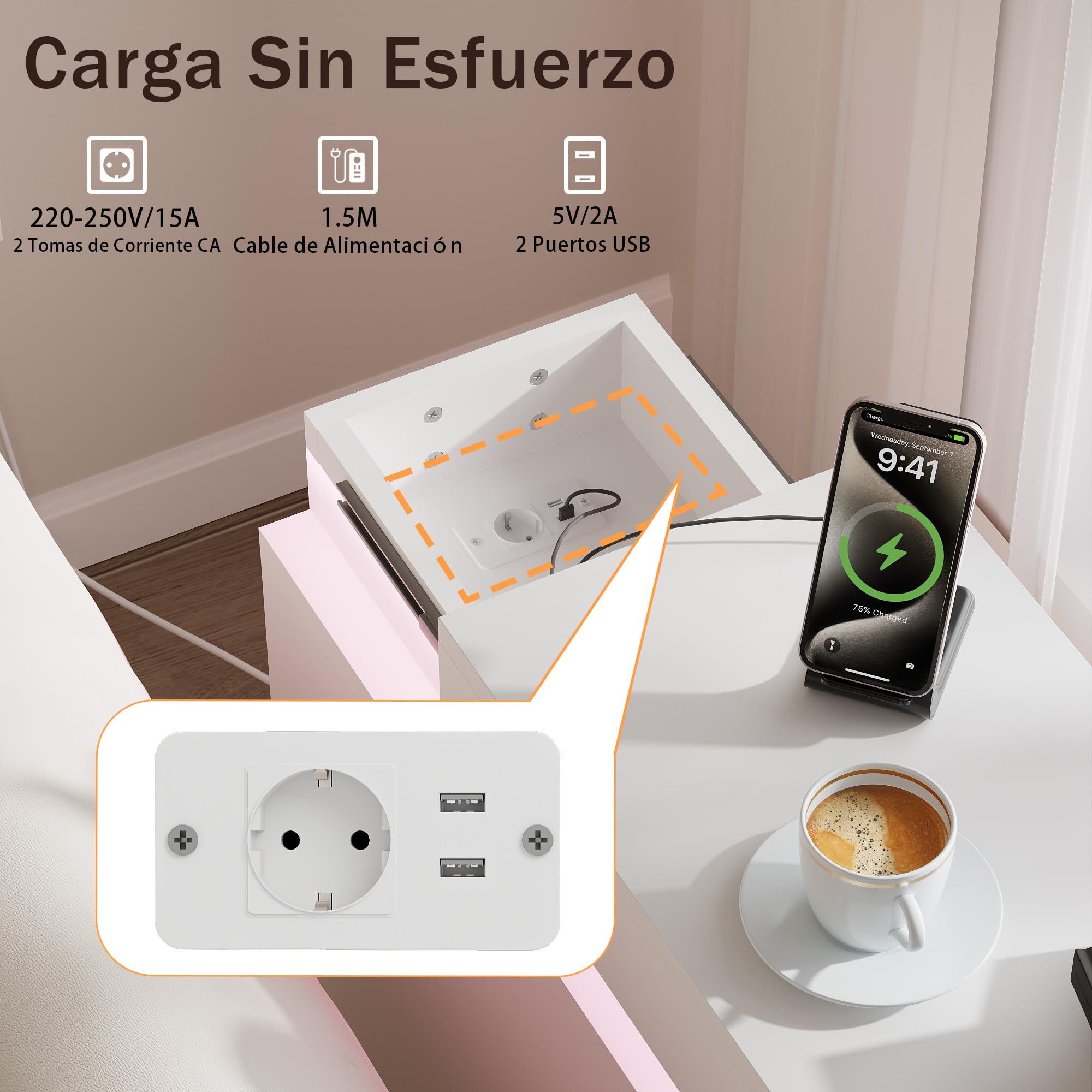Mesita de Noche Estrecha con Enchufe y Tira de luz RGB Mesitas de Noche Estrecha con 3 cajones, Patas de Metal Dorado Mesillas de Noche para Dormitorio, Salón Blanco