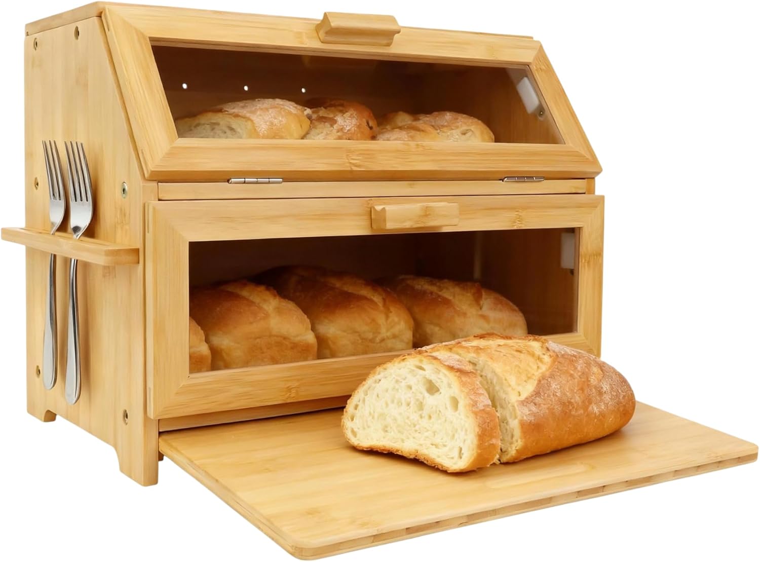 Bamboo Bread Box for Kitchen Countertop,Large Bread Storage Container with window,Modern Bread Storage Bin with Tool Holder for Homemade Bread Organizer (Double Layer)