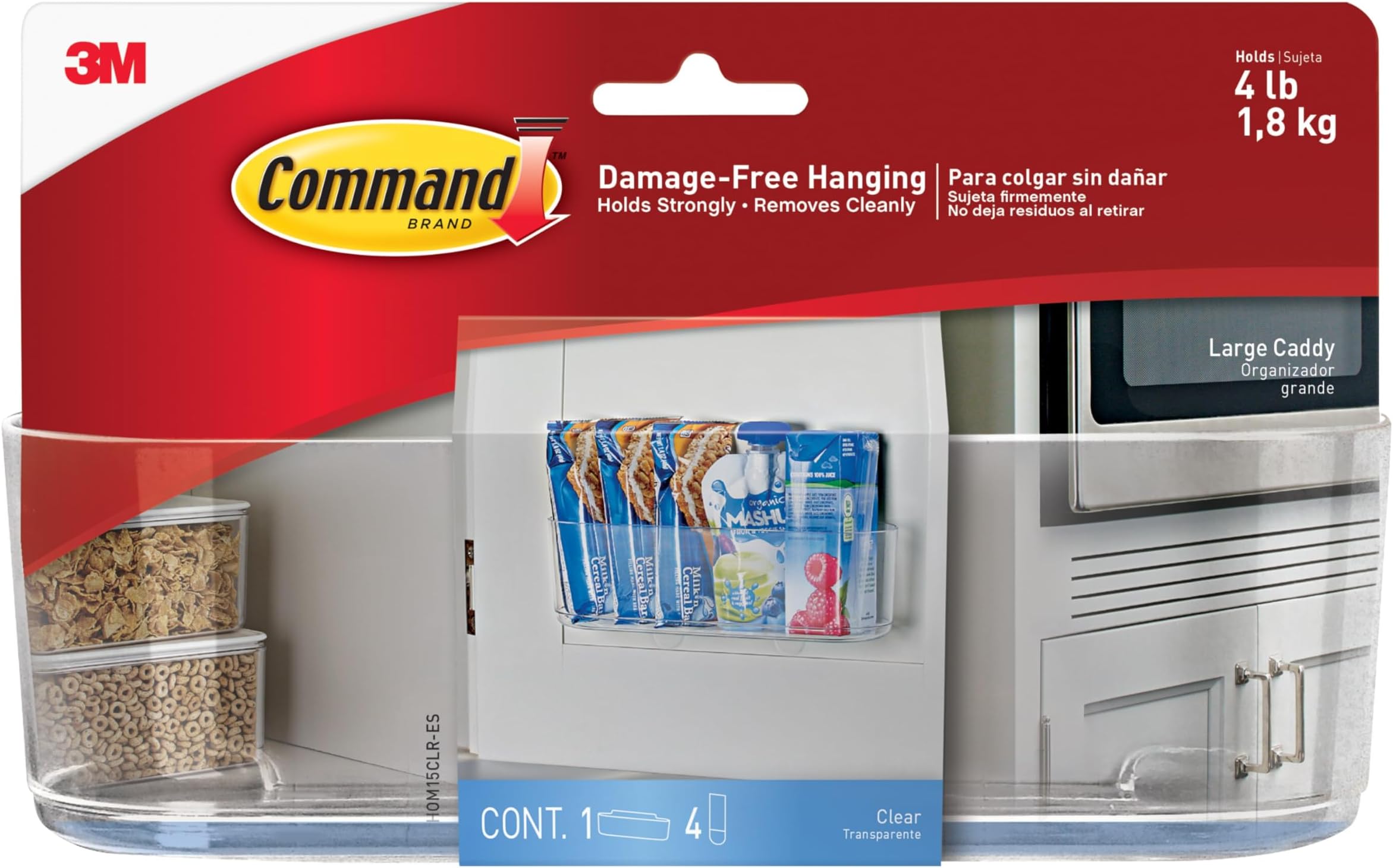 Large Caddy, Holds up to 4 lb, 8.6" x 3.1" x 3", 1 Caddy with 4 Strips, Damage-Free Organization Wall Mount to Cabinet, Kitchen, Pantry, Closet, or Under Sink