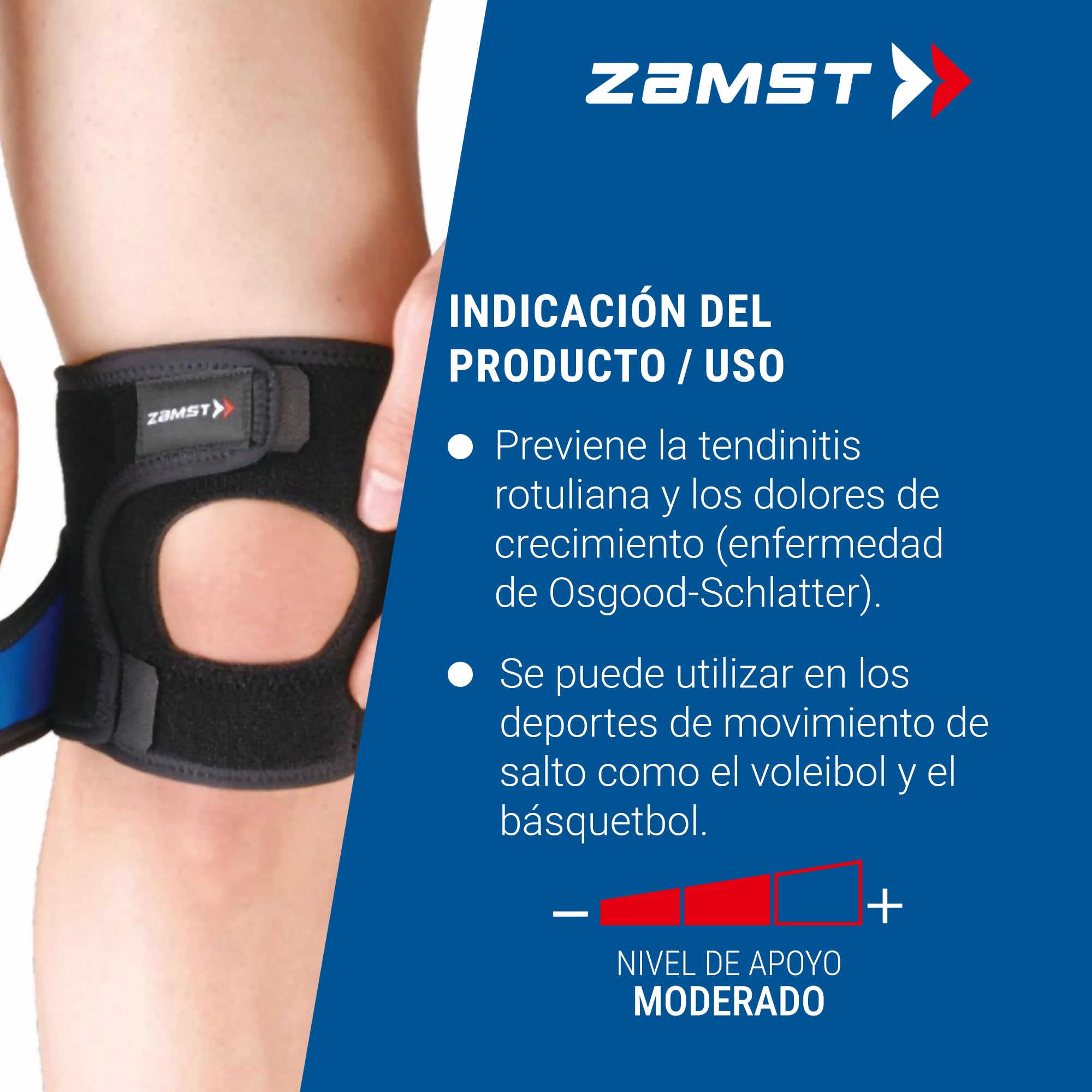 Zamst JK-1 Rodillera Deportiva - Rodillera de Compresión Ajustable para Hombres, Mujeres y Niños con Almohadilla de Presión para Dar Apoyo Bajo la Rodilla, para Dolores de Salto y de Crecimiento - M