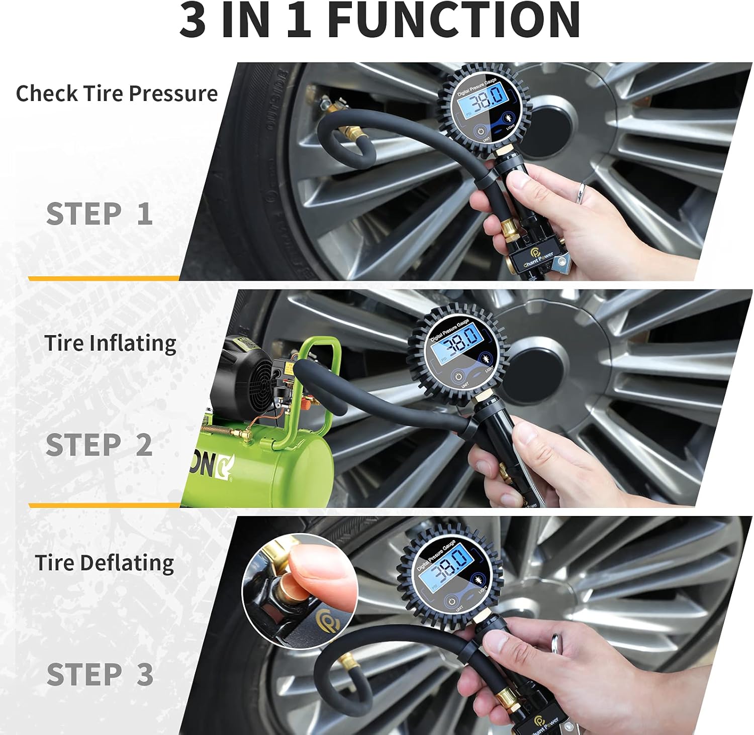 Digital Tire Pressure Gauge, 200 PSI LCD Display 0.5 Resolution with Rubber Hose and Quick Connect Coupler, C P CHANTPOWER : Automotive