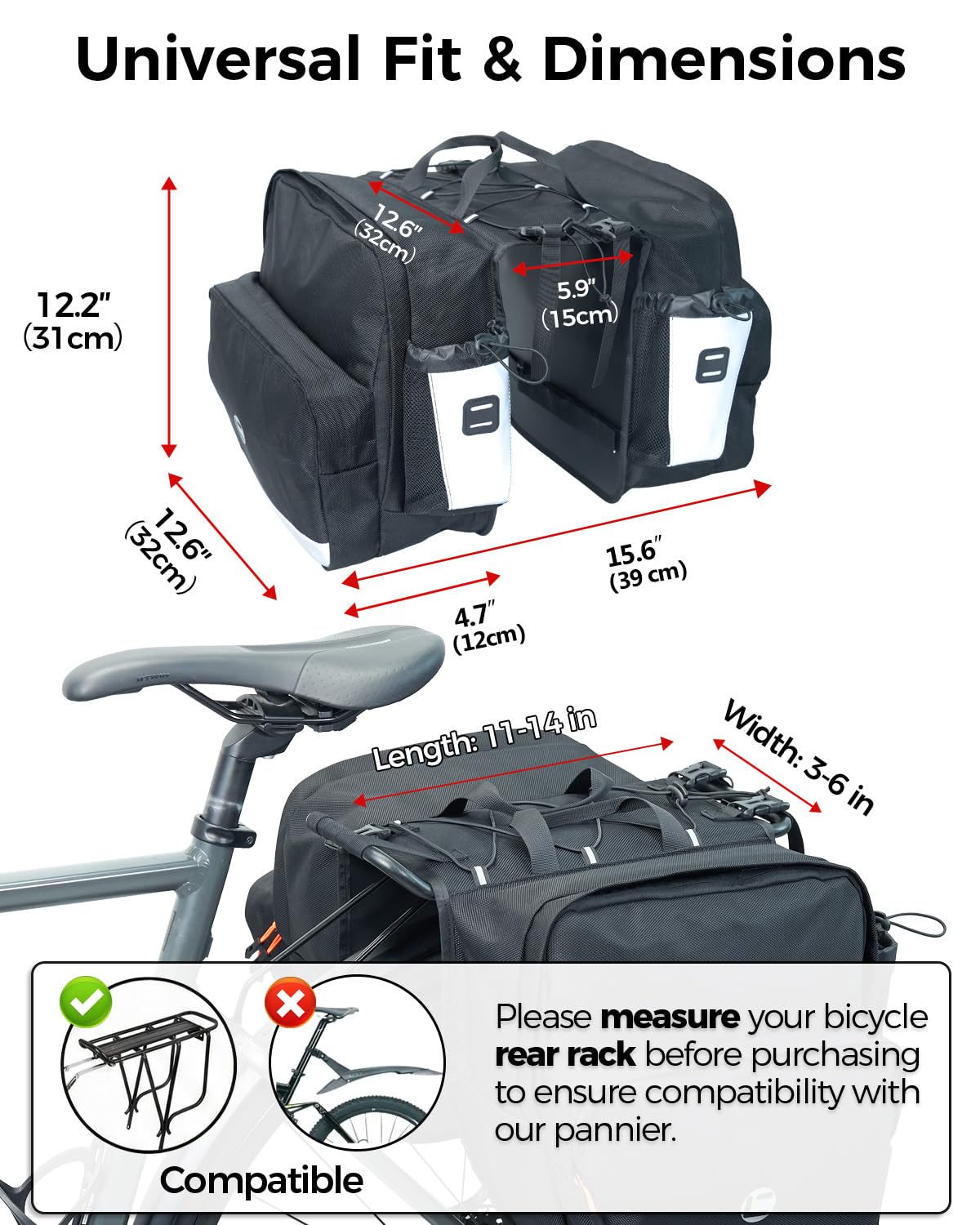 Sacoches de vélo de 30 L, résistant à l'eau pour porte-bagages arrière avec rabat à fermeture éclair, sacs de vélo de grande capacité avec porte-bouteilles, sacoche réfléchissante pour vélo