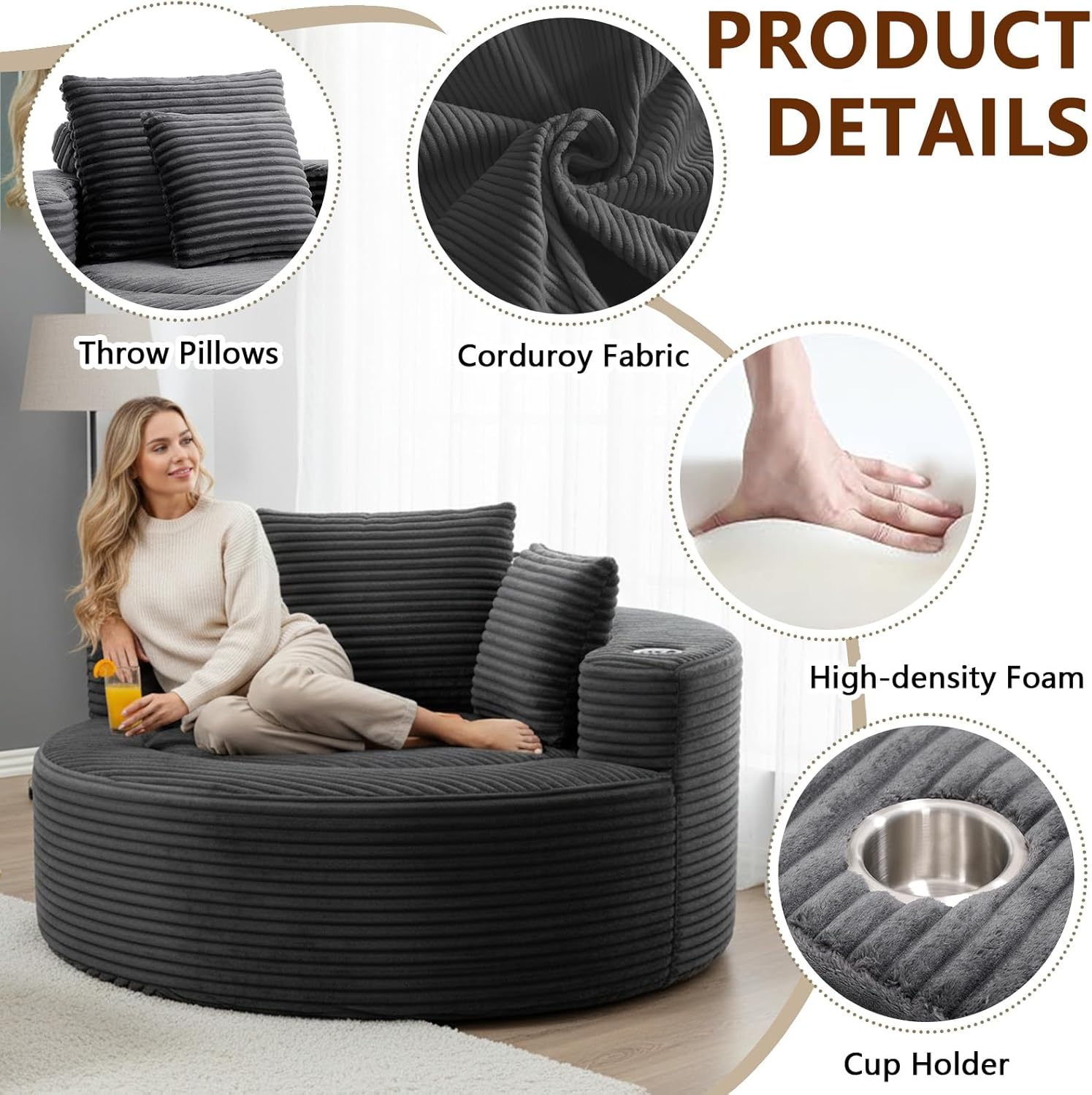 55" Oversized Round Chair, Corduroy Chaise Lounge Indoor with Cup Holders & Pillows, Round Boneless Cloud Sofa Chair for Bedroom Living Room Reading Nook, No Assembly (Dark Grey, With Cup Holders)