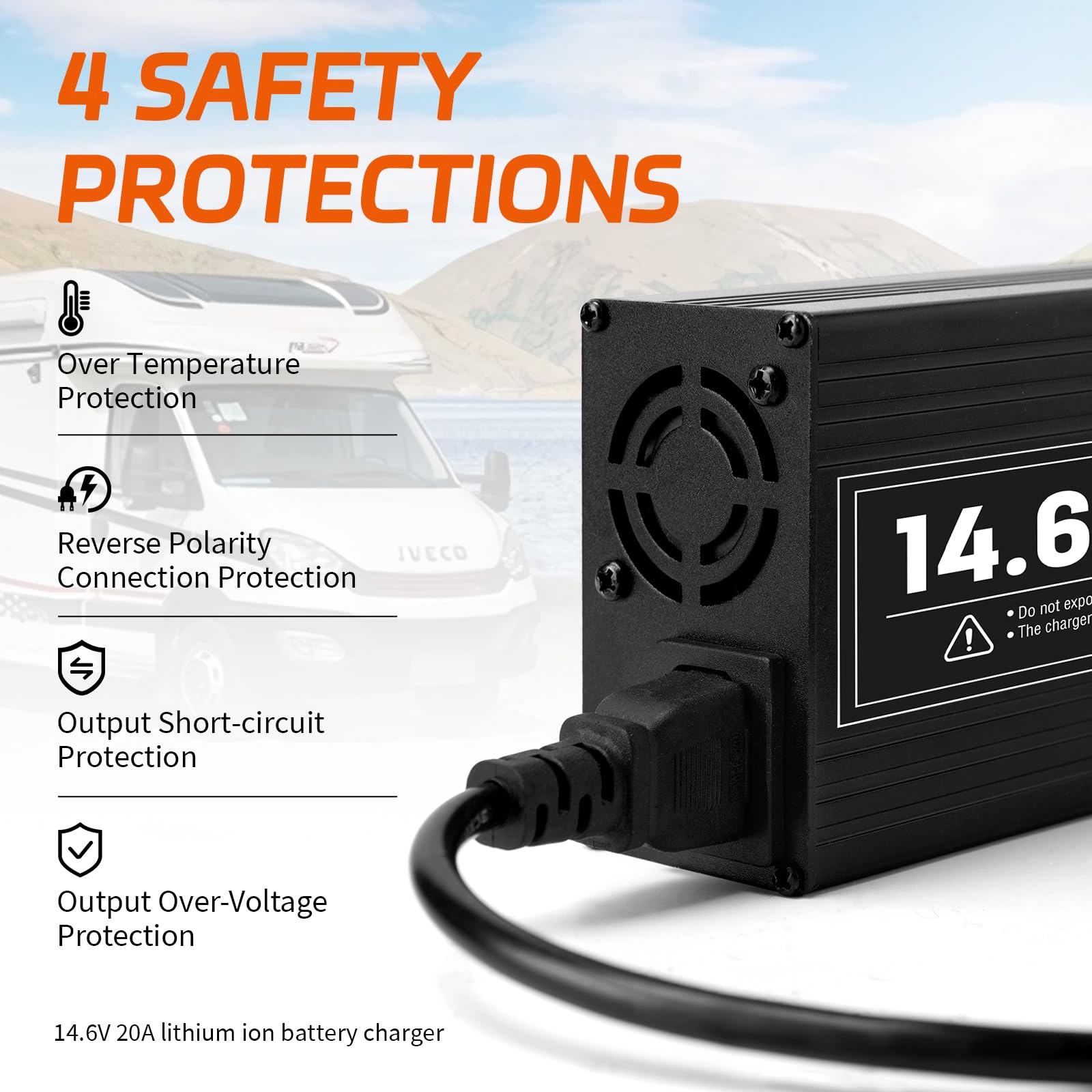 Cargador LiFePO4 de 14,6 V 20 A con conector LD20 impermeable de litio de 3 etapas con carga rápida para batería LiFePO4 Deep Cycle para coche o camión