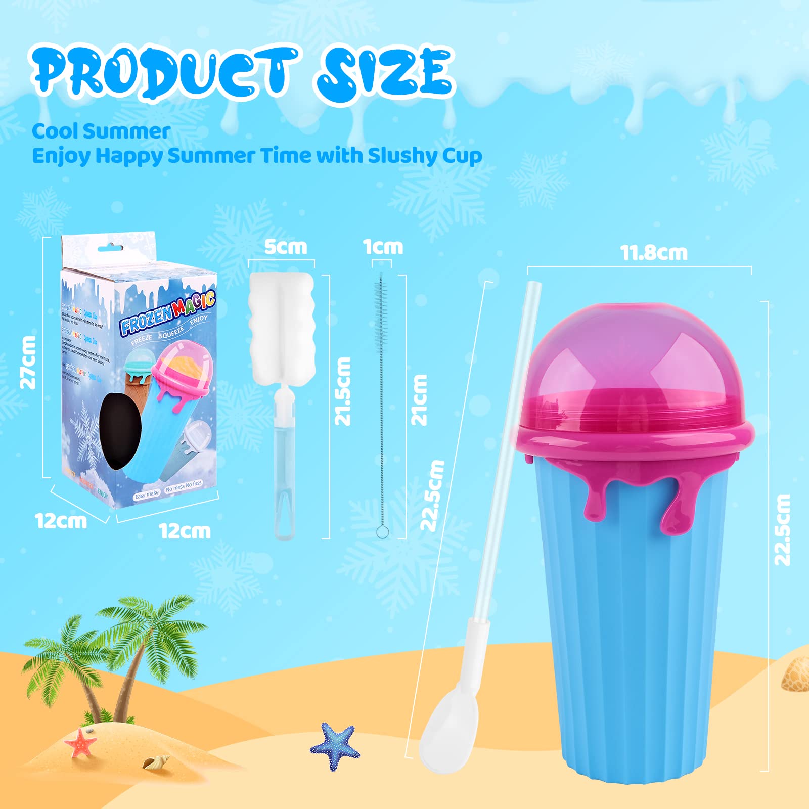Slushy Maker Cup, 500 ML Frozens Squeeze Cup in Silicone con Cannuccia e Cucchiaio 2 in 1, Bicchiere da Ghiaccio Slushy con Spazzola per la Pulizia - Blu