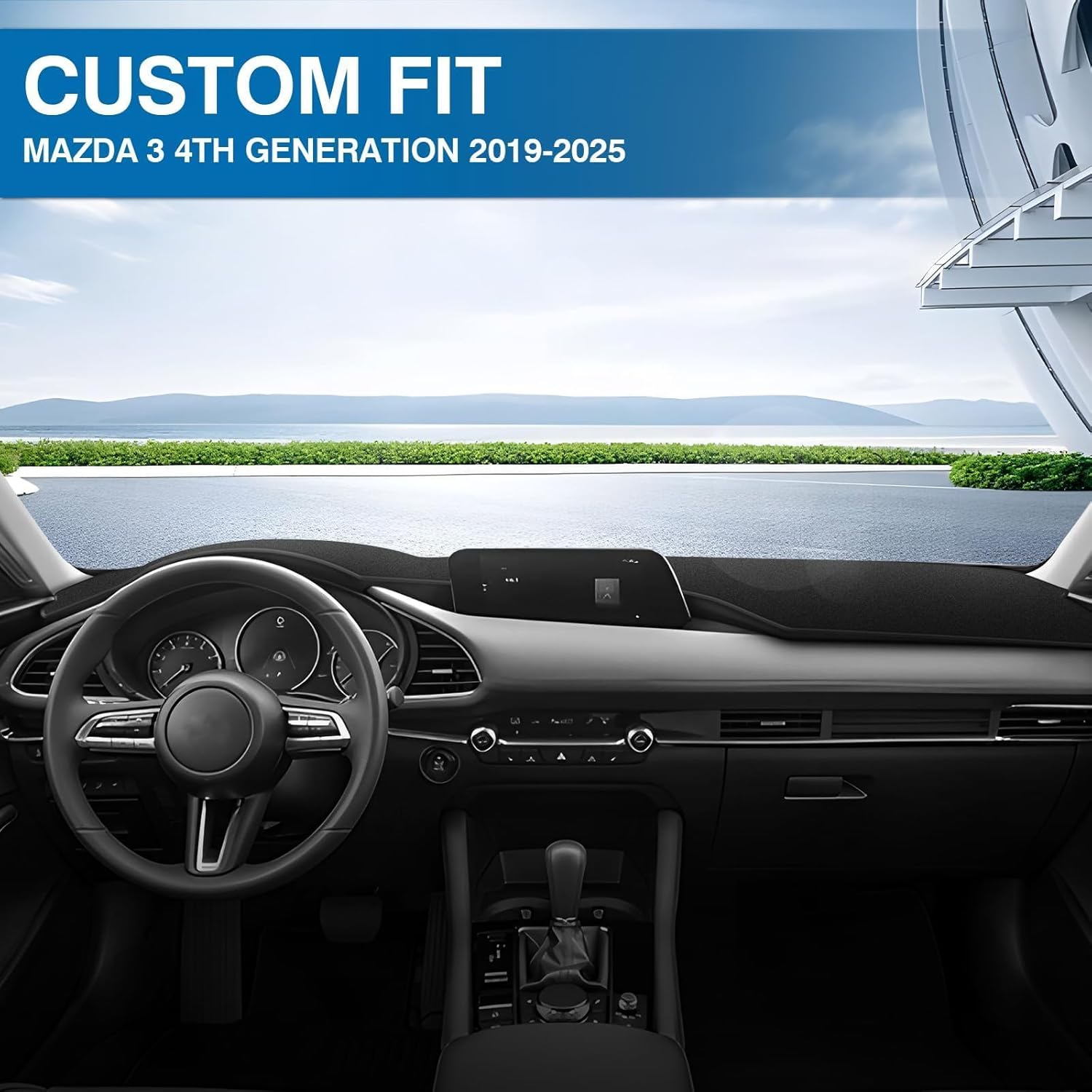 KUST Black Dash Cover for Mazda3 Hatchback, Sedan 2019-2024 2025 2026 (Without HUD) Polyester Dashboard Cover Non-Slip Center Console Dash Cover Interior Accessories for Mazda3 Custom Fit No Glare