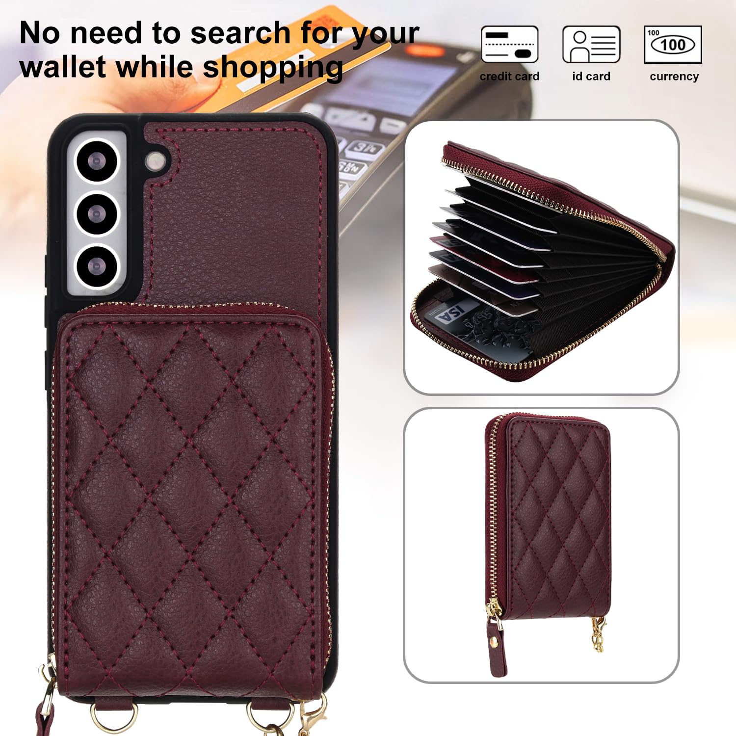 Custodia per Samsung Galaxy S22 Plus S22+5G 2 in 1 Custodia a portafoglio magnetica con pellicola protettiva per lo schermo, tracolla con blocco RFID, porta carte di credito S22+5G S22plus 22S + S 22