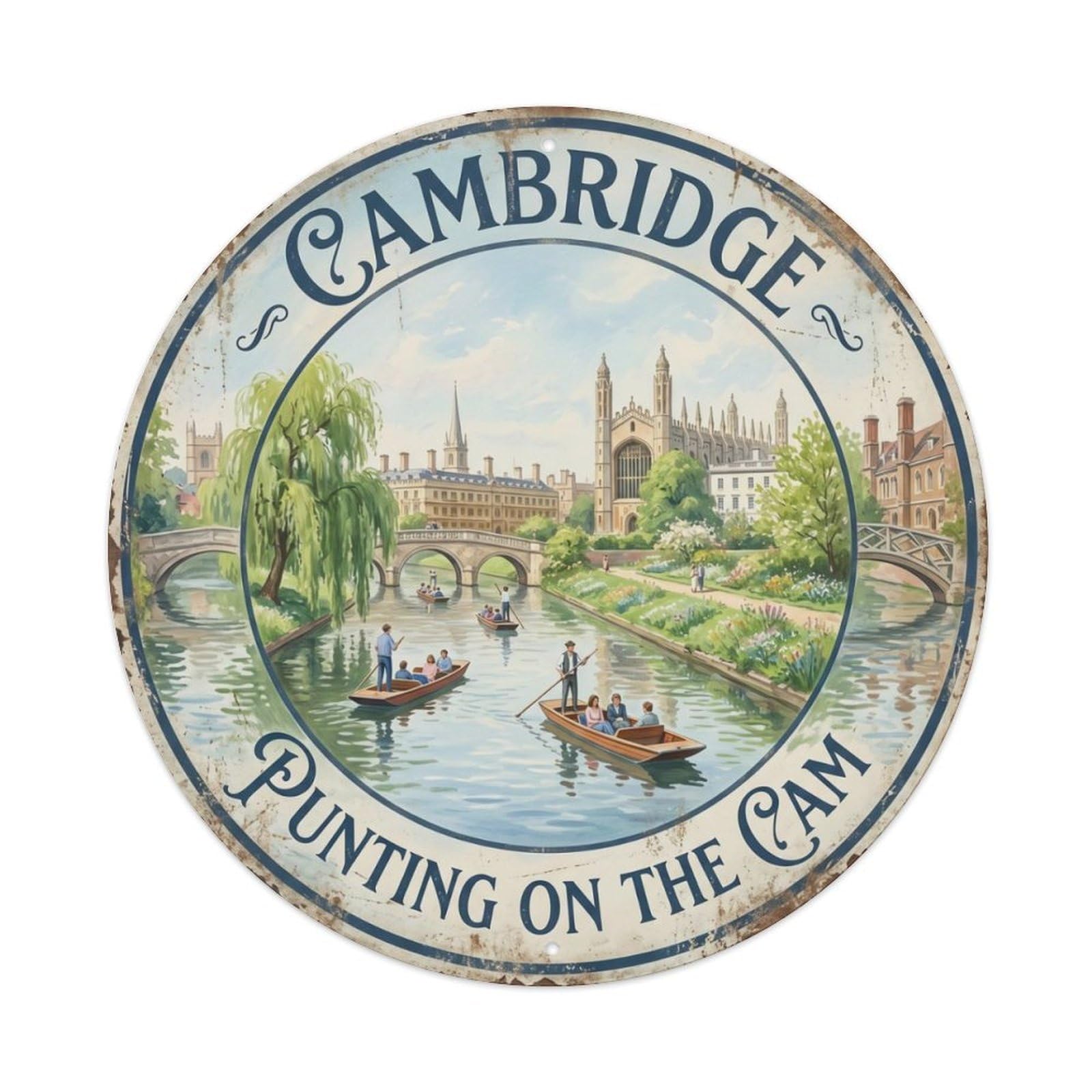 Vintage Travel Cambridge River Cam Metal Tin Sign Plaque Wall Decor for Cafe, Club Bar, Office, Home Garden Round Metal Poster 8x8Inch