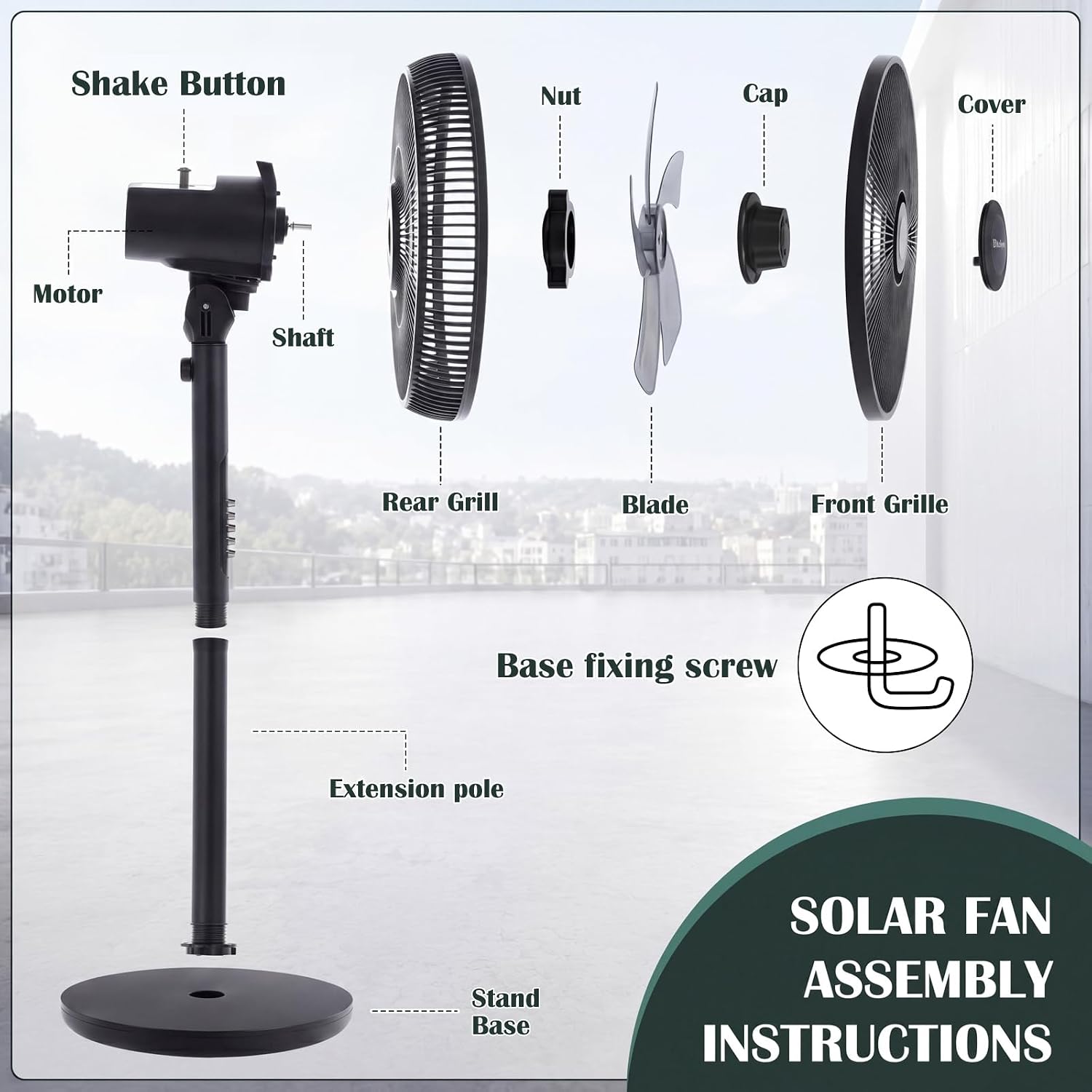 16 inch Solar Oscillating Standing Fan with Solar Panel, Portable Rechargeable Mobile Floor Fans, 14400mah Battery, Two Charging Methods, 4 Speeds, for Bedroom Study or Outdoor(Black)