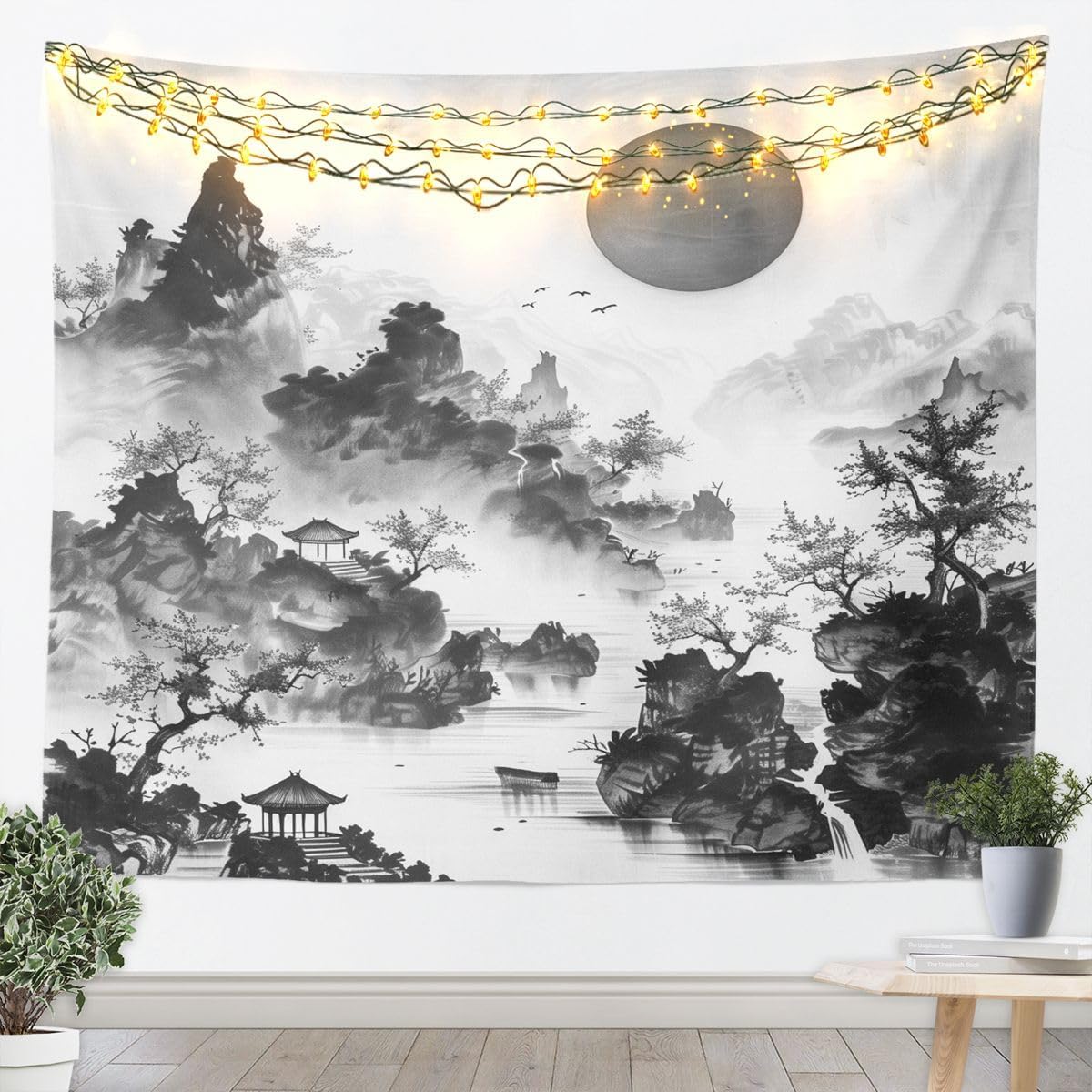 jejeloiu Japanese Ukiyoe Theme Tapestry Medium 59"x59" Japanese Mount Fuji Wall Hanging Blanket Ink Wash Mountain Lake Wall Art for Living Room Bedroom Decoration
