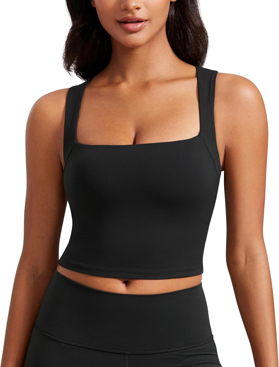 CRZ YOGA Butterluxe Womens Longline Square Neck Sports Bras - Basic Crop Tank Yoga Workout Tops with Built in Pads