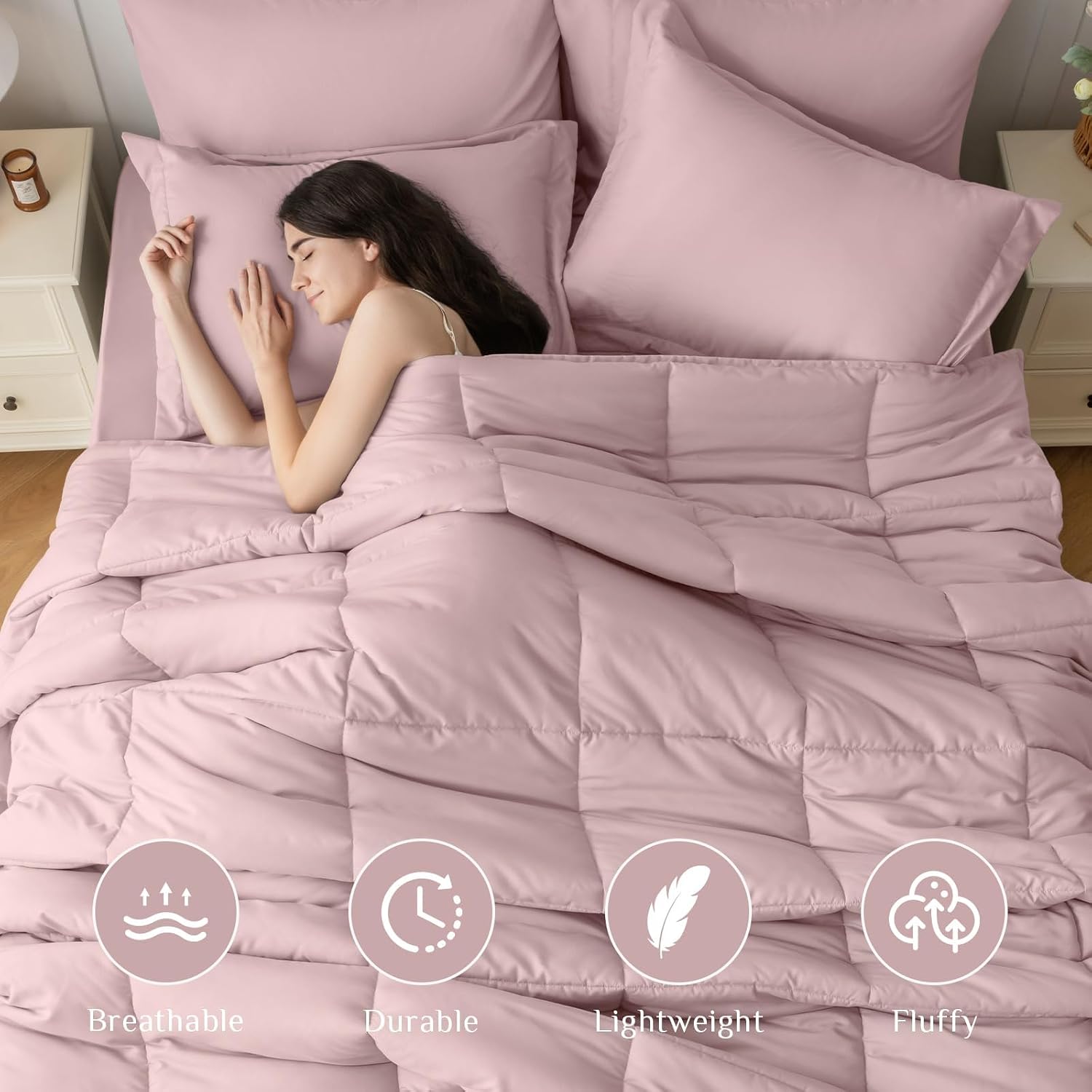 JOLLYVOGUE Twin XL Comforter Set, Ultra-Soft Bed in a Bag Twin XL Size 5 Pieces, Oeko-TEX Certified Bedding Set with Down Alternative Comforter, Sheets, Pillowcases & Shams, Camio Pink thumbnail