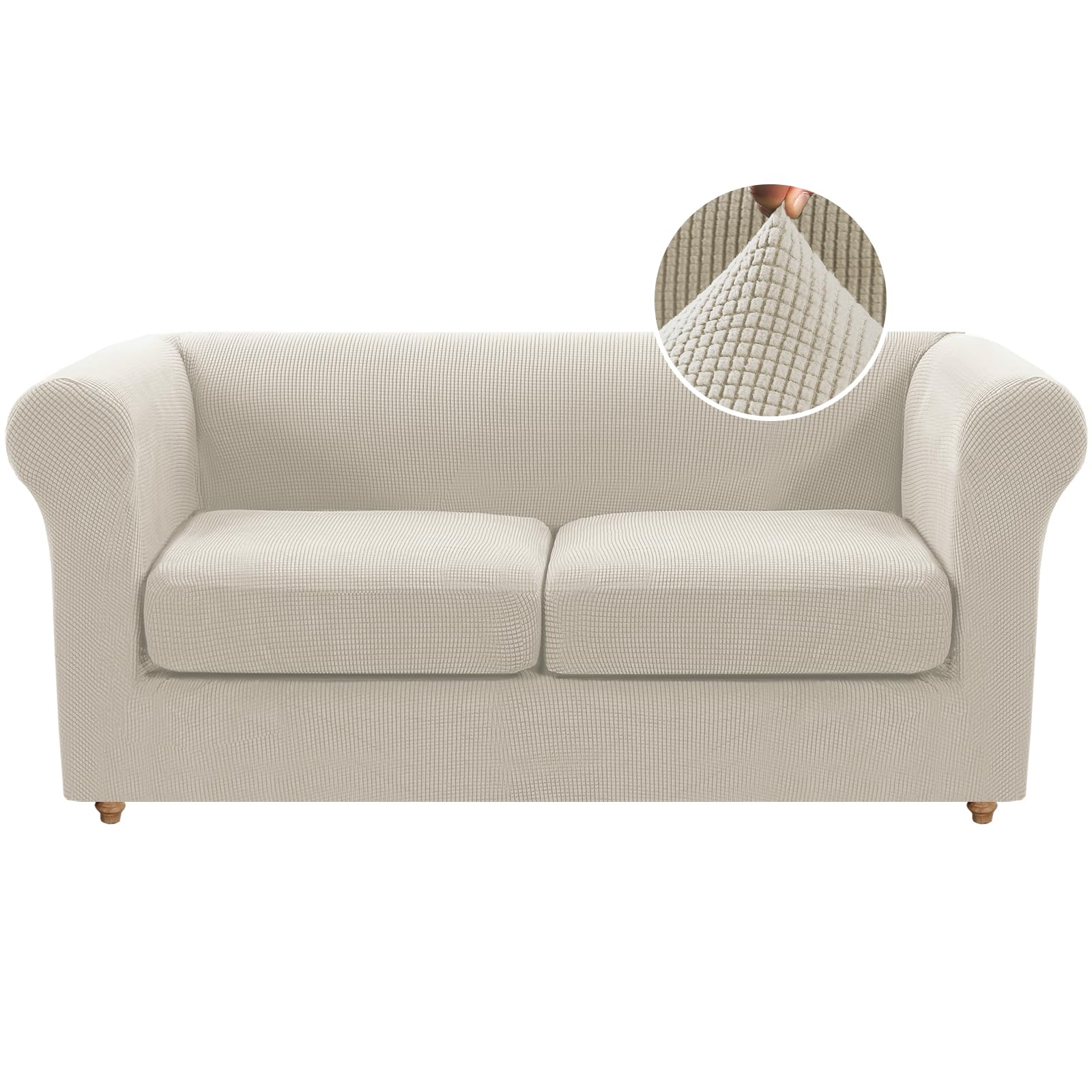 KPPKOU 3 Piece Chesterfield Sofa Cover for 2 Cushion Couch High Arm Sofa Slipcovers 2 Seat High Stretch Washable Furniture Protector for Dogs Pet (Fossil, Loveseat)