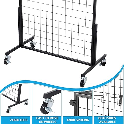 Miniatura 4 de Therwen Paquete de 2 paneles de pared de rejilla de 6 x 2 pies con 40 ganchos, paneles de rejilla de alambre con ruedas base en T, paneles de