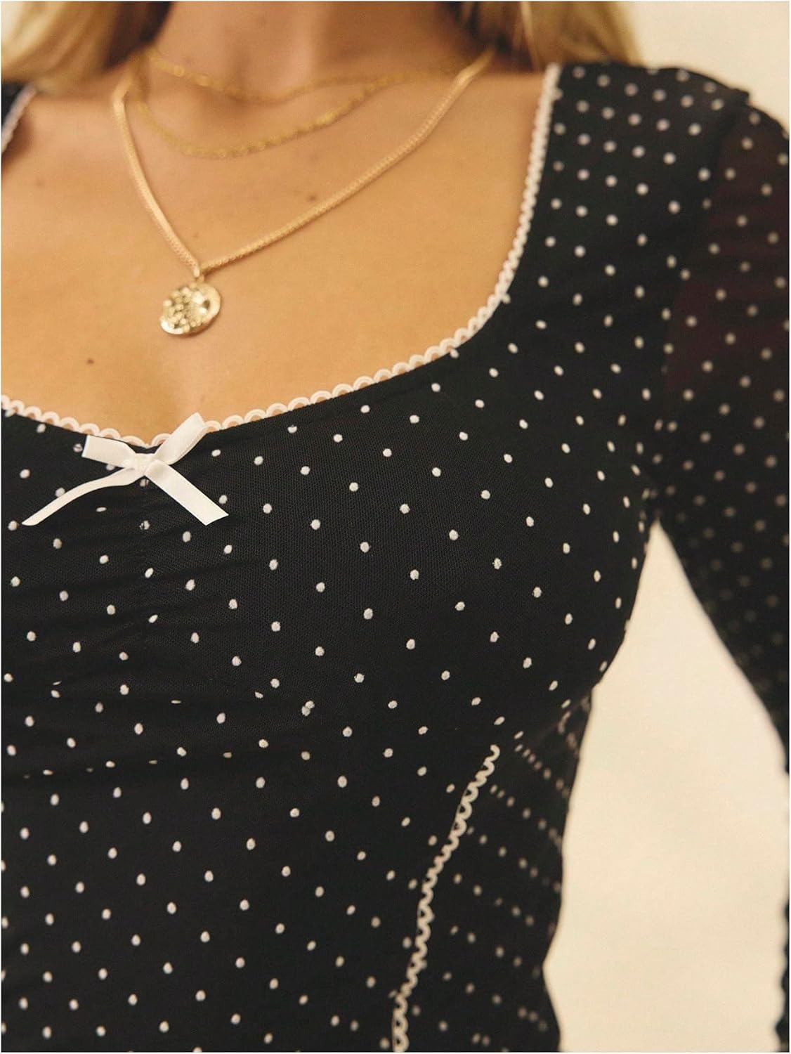 Milumia Women's Polka Dots Mesh Long Sleeve Crop Top Bow Square Neck Going Out Tee Tops - Image 4