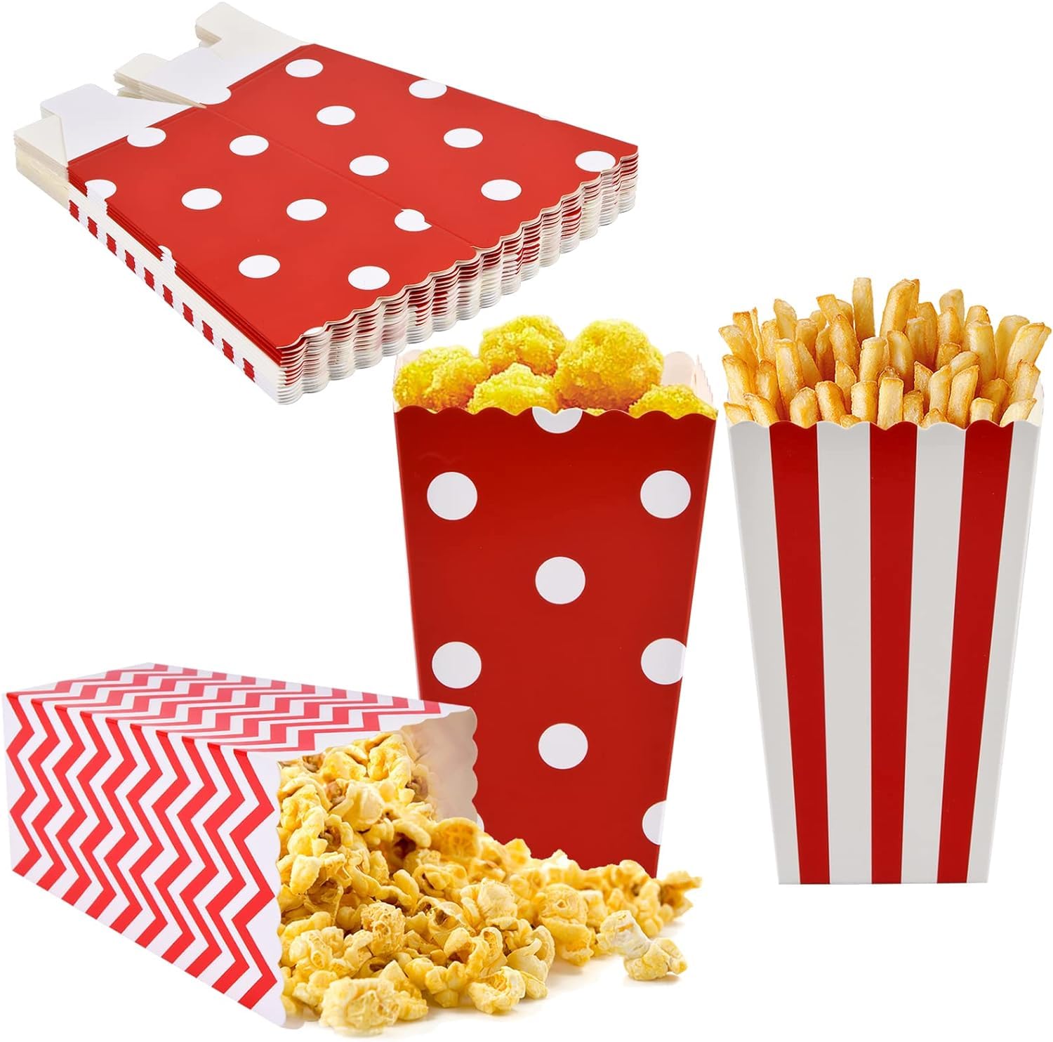 Nivofu, 15 Pièces Boîtes à PopCorn en Papier, Trois Modèles Pot PopCorn Rouges et Blancs,7X5X11.5cm Sachet PopCorn, Contenant PopCorn pour Parti,Soirées Cinéma(Rayures|Pois|Fils)