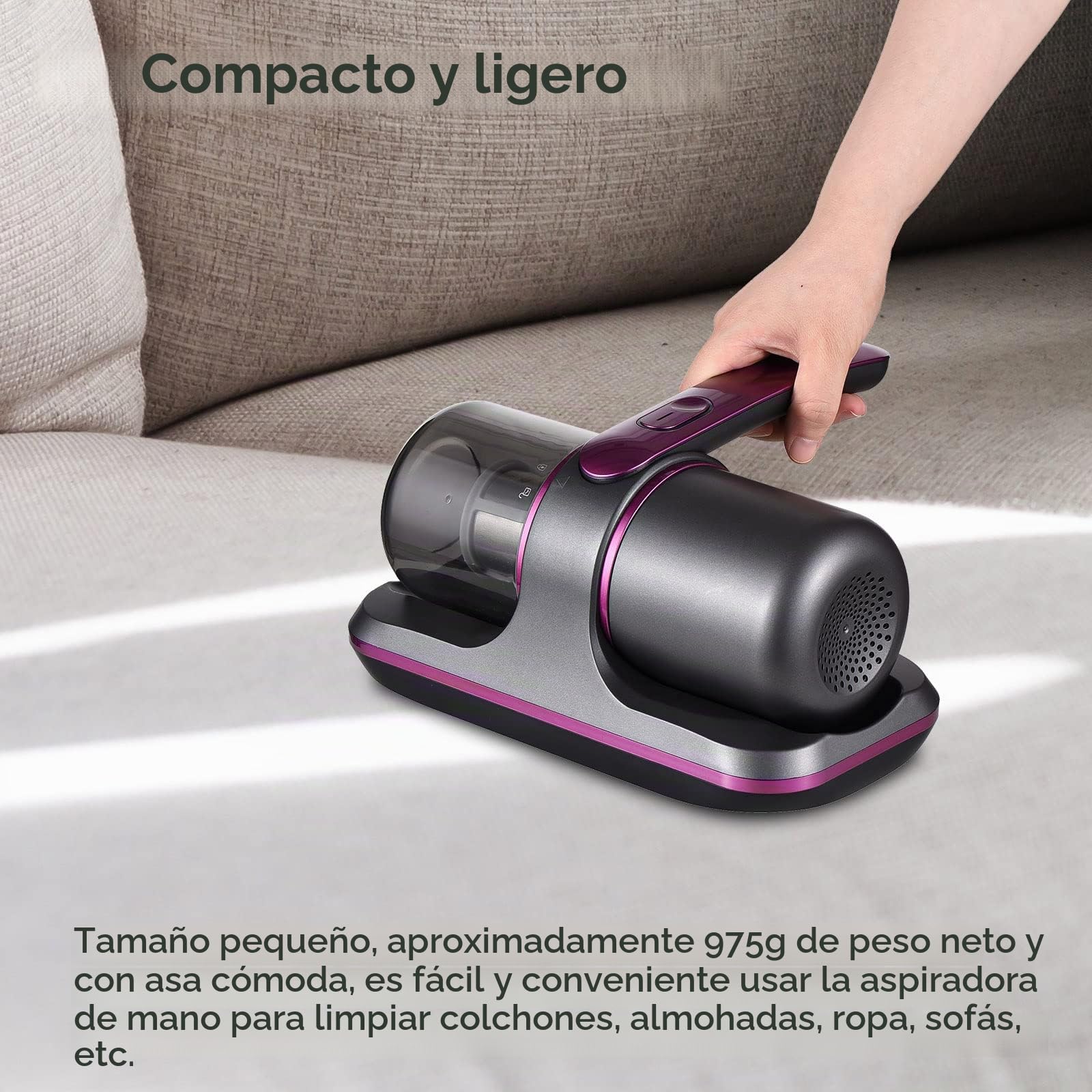 Aspirador de Mano,Colchón Compacto Aspirador de Cama UV Inalámbrico de 100 W 8000 Pa Succión Fuerte 2 Velocidades Ajustable 250 Ml Recolección de Polvo Batería Incorporada para Limpiar