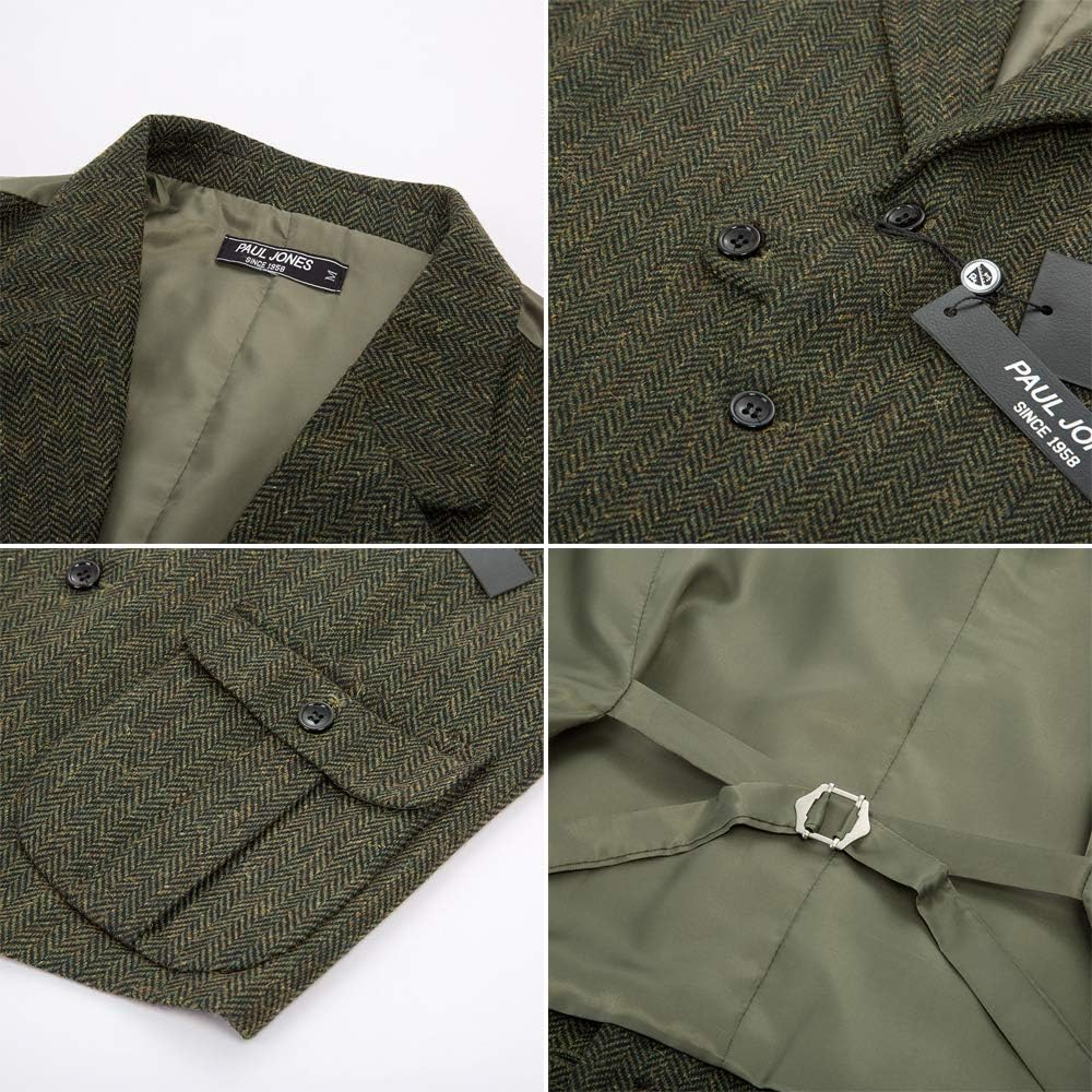 PJ PAUL JONES Mens Western Herringbone Suit Vest Tweed Wool Blend Slim Fit Waistcoat - Image 4