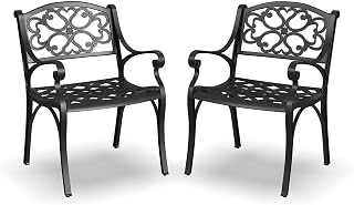 Homestyles Sanibel Black Cast Aluminum Outdoor Dining Chairs Set of 2 - Durable Patio Garden Armchairs with Contoured Seats