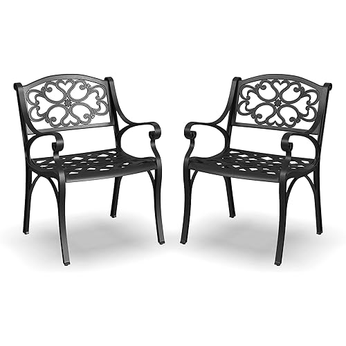 Homestyles Sanibel Black Stationary Cast Aluminum Outdoor Dining Chair, 2 Piece Patio Chairs, Set of 2 Garden Chairs with Armrest & Backrest for Garden Patio Pool Beach Yard, Black