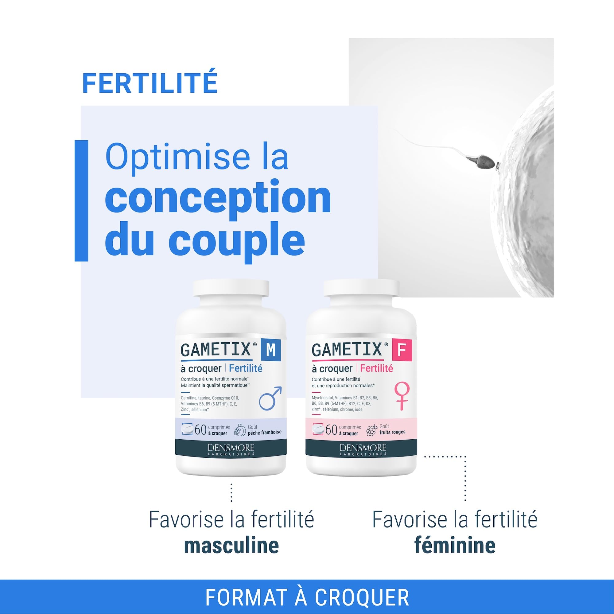 Densmore – GAMETIX M à Croquer – Complément Alimentaire Fertilité Masculine à base de Coenzyme Q10, Zinc, Sélénium, Vitamines C, E, B6 et B9 - Goût Pêche Framboise - 60 Comprimés - Fabriqué en France