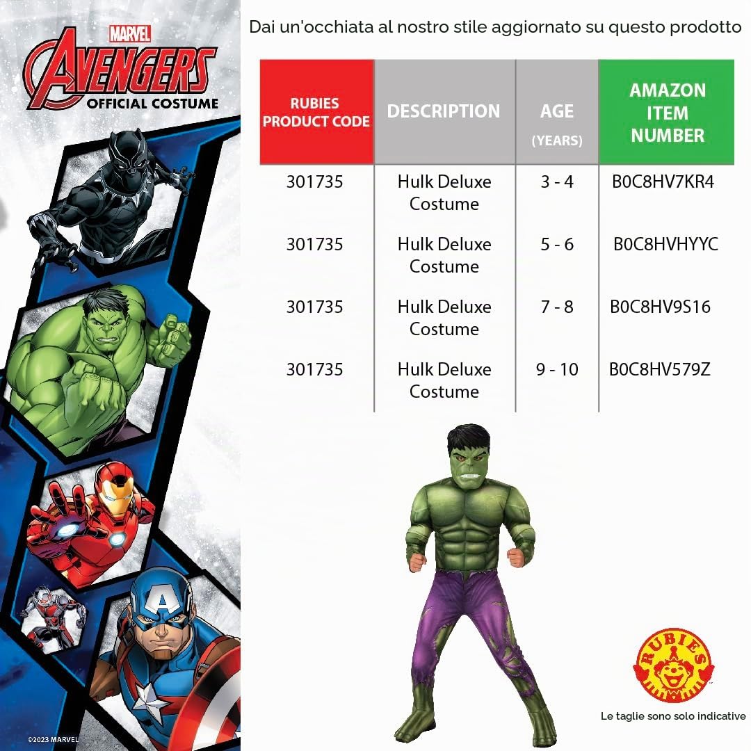 Rubie's, costume ufficiale Marvel Avengers Hulk, per bambini, costume da supereroe