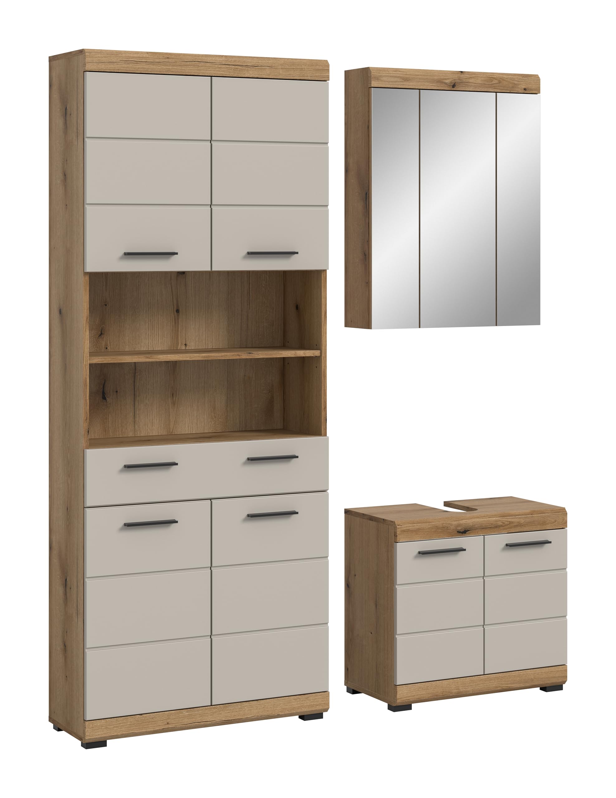 xonox.home – Badkombination Scout 149x191x34 cm in Evoak Oak und Kaschmir Nachbildung matt – Elegantes Set mit natürlichem Holz-Look – geradlinig, kompakt & zeitgemäß