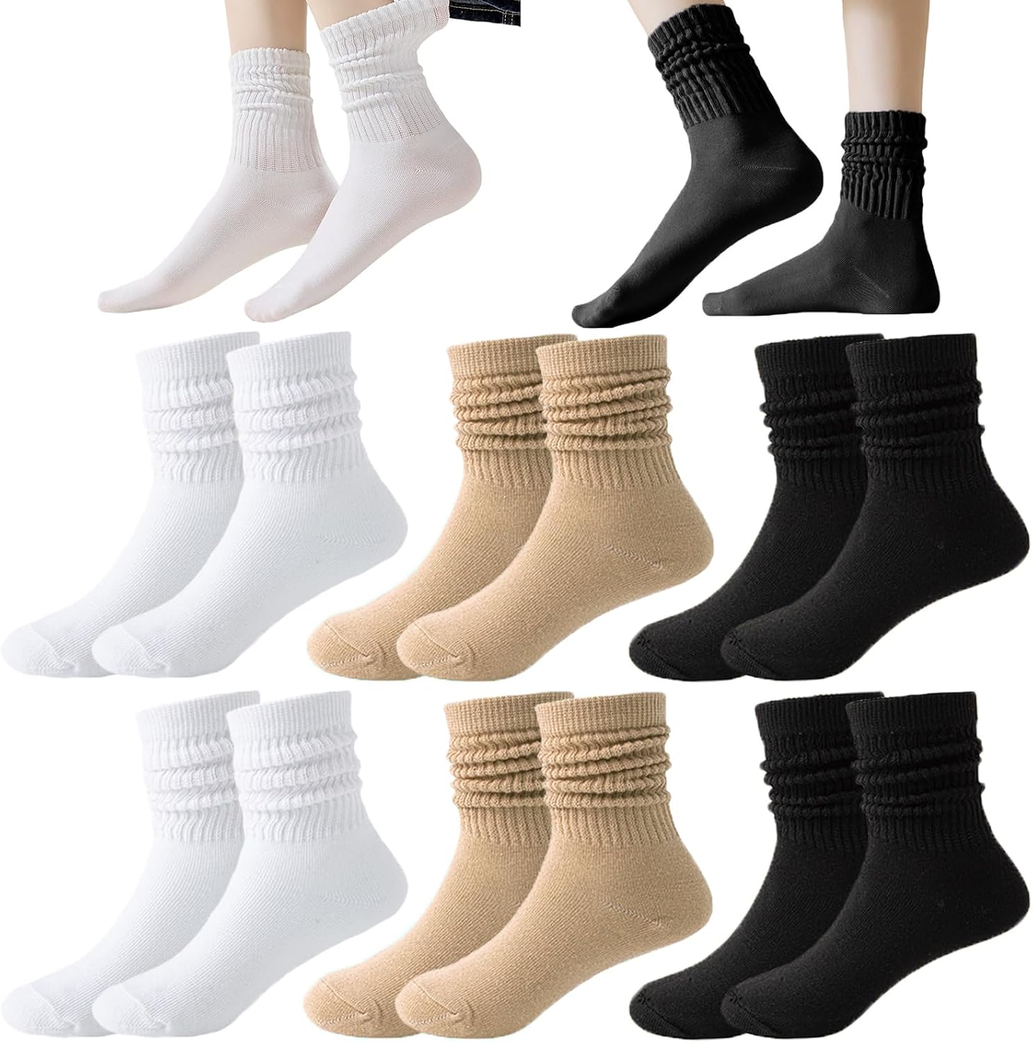 6 Pairs Slouch Socks Long Scrunch Knee High Boot Knit Stacked Socks for Women