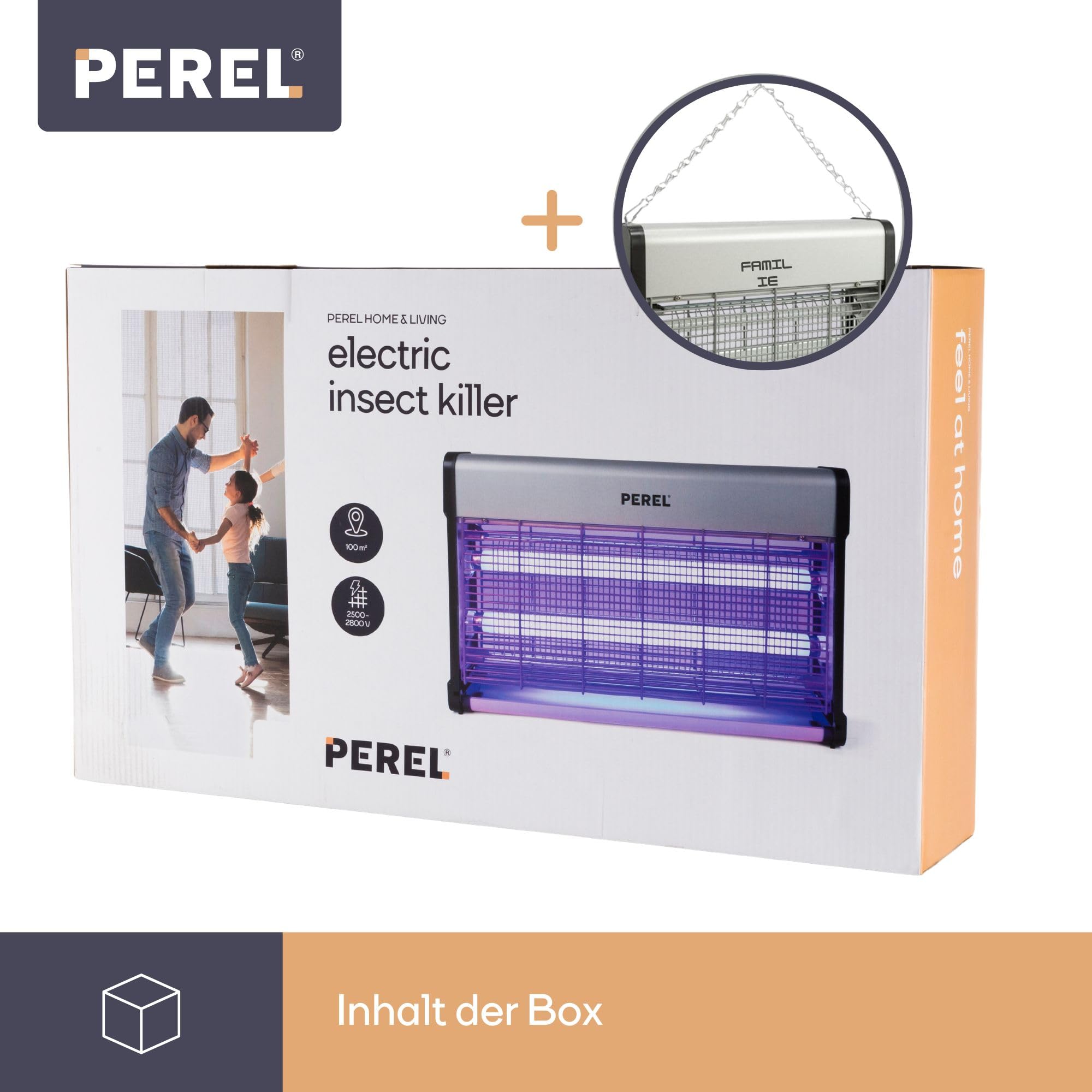 Perel Elektrischer UV Insektenvernichter innen, 2800V Hochspannungsgitter, leise Fliegenlampe mit entnehmbarer Metall-Auffangschale, 100 m² Abdeckung, chemiefreie Insektenbekämpfung