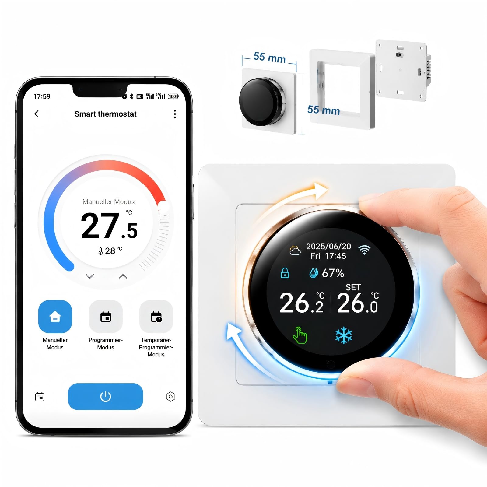 Raumthermostat Elektrische Fußbodenheizung Drehregler mit externer Sensor | Programmierbar Digital Thermostat Fussbodenheizung Unterputz WLAN Smart,für Alexa Google Home Assistant Tuya Smart Life,16A