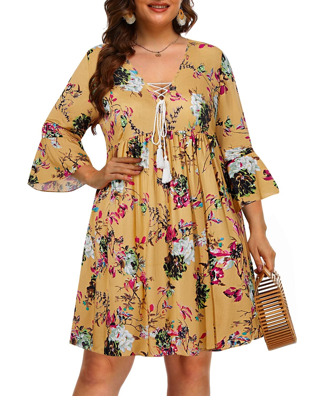 Plus Size Boho Dress Yellow Floral Casual Summer Beach Cover Up Swimwear Vacation Short Flowy Tunic V-Neck Sun Dresses