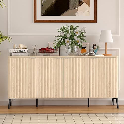 Miniatura 3 de Armario de buffet estriado con almacenamiento, armario de almacenamiento moderno con 4 puertas, aparador de madera Credenza Accent Buffet Consola