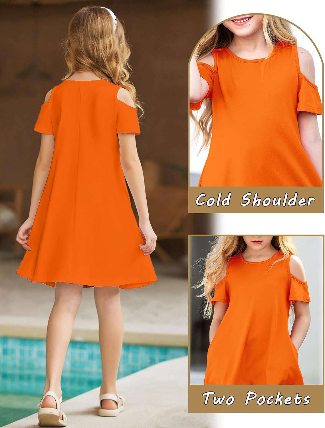Arshiner Girls Summer Dress Short Sleeve Cold Shoulder Solid Color Swing Casual Dresses with Pockets