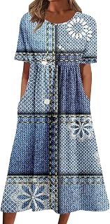 Vestido midi jeans feminino boho manga curta gola redonda bolso vestido casual estampado curto gola redonda vestidos longos