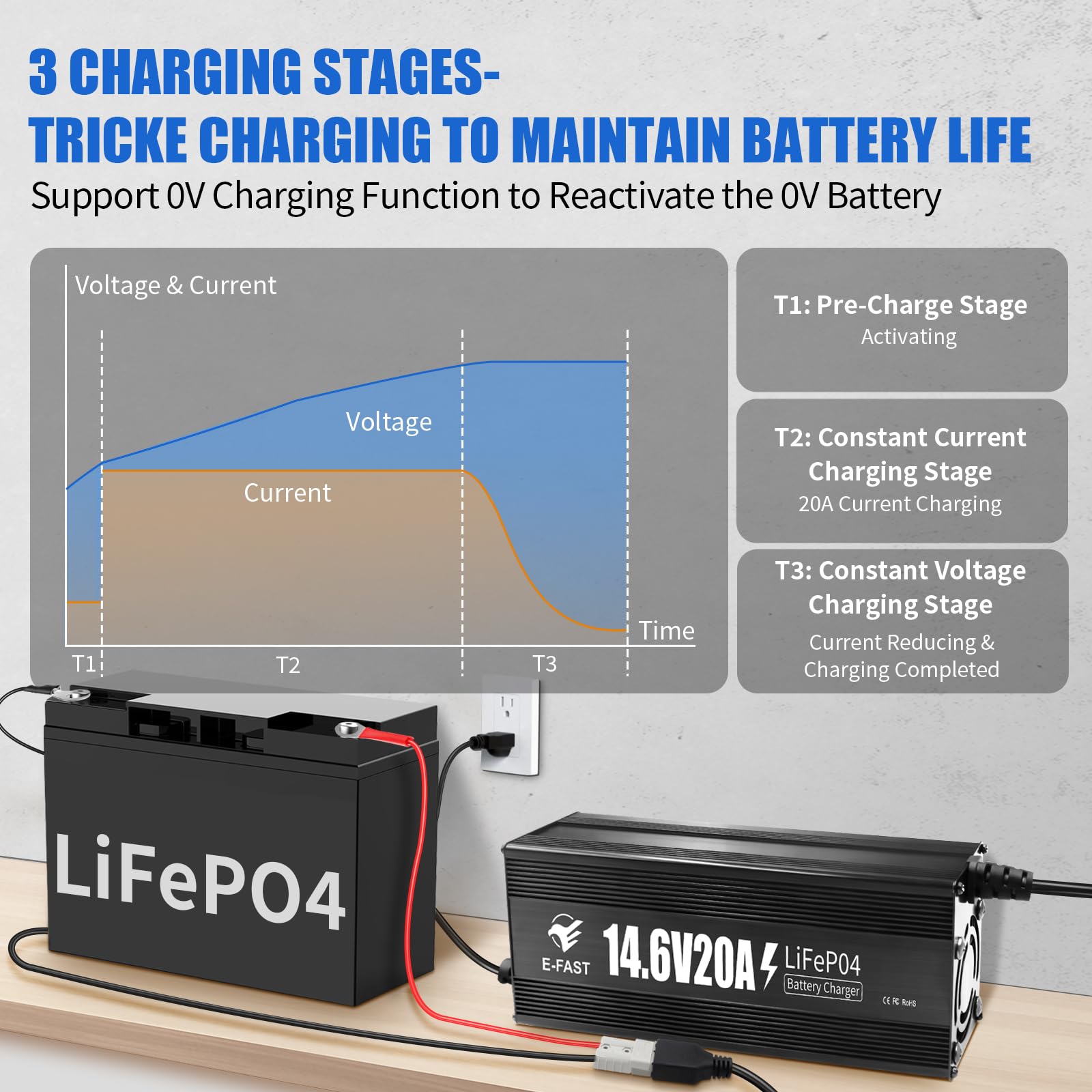 Caricatore LiFePO4 da 12V 20A Caricatore Litio da 14.6V con Indicatore di Connettore Anderson, per Batteria LiFePO4 Deep Cycle, Auto, Camion